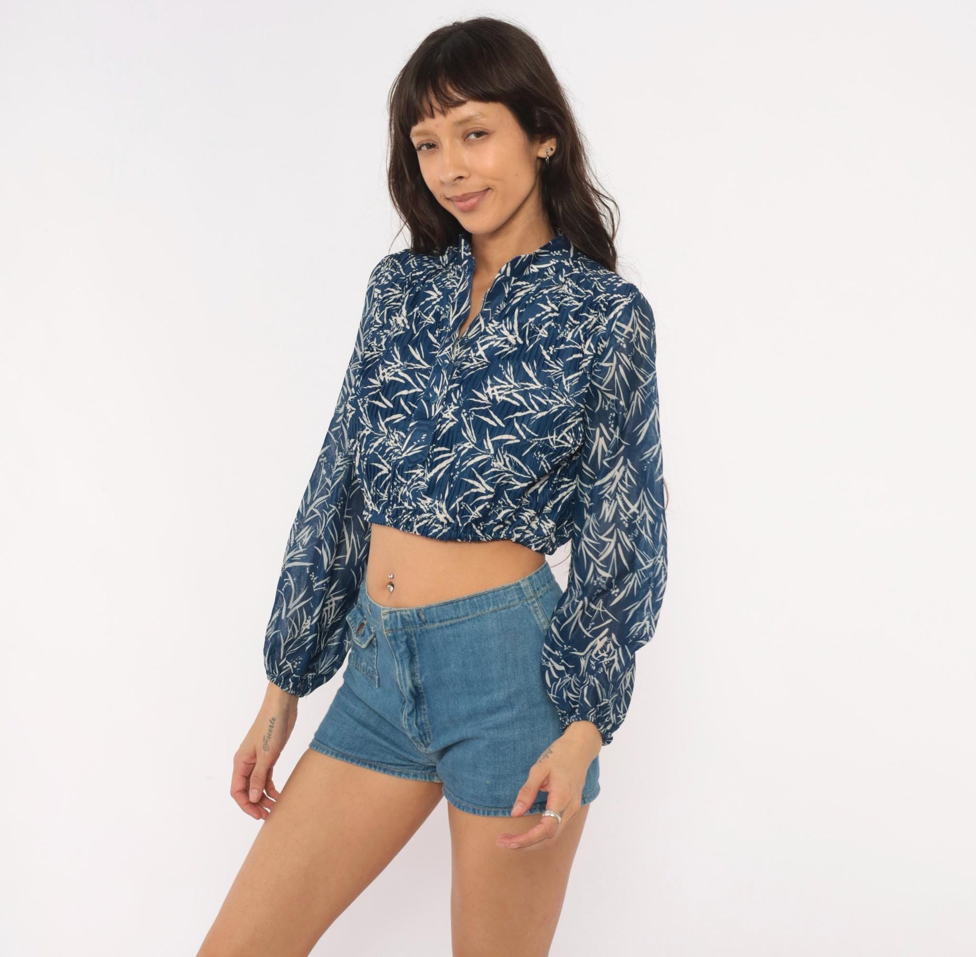 80s Liz Roberts Bamboo Leaf Crop Blouse Navy Mandarin Collar Balloon Sleeve Medium