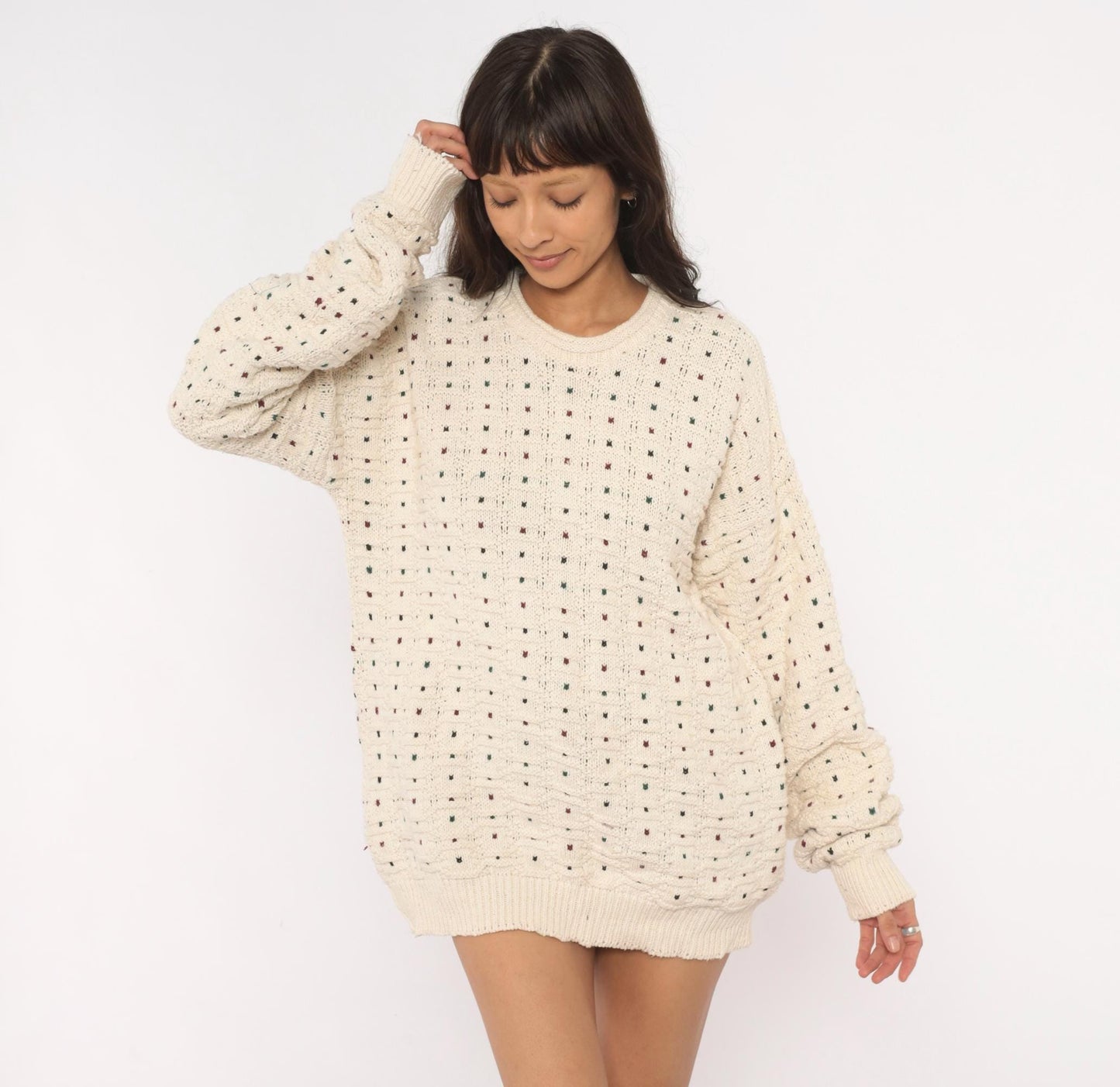 90s CJ Cotton Company Polka Dot Crewneck Sweater Cream Extra Large XL