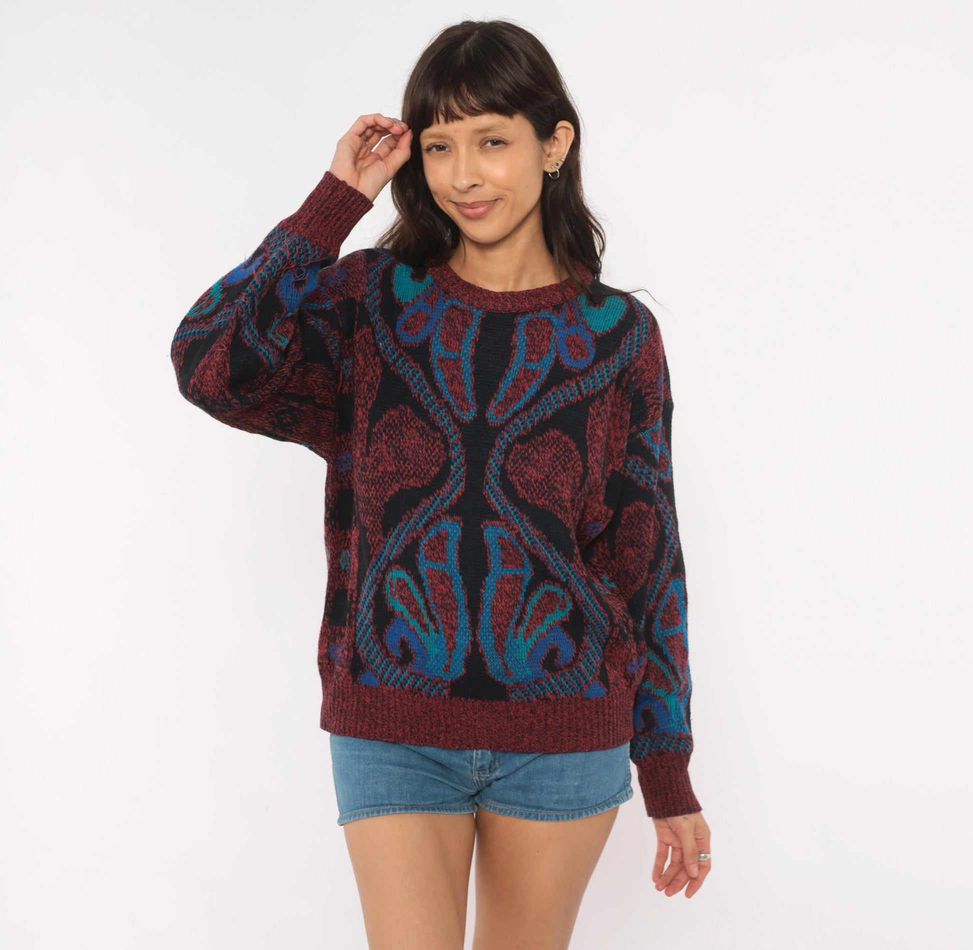 80s City Streets Abstract Knit Sweater Burgundy Teal Intarsia Medium