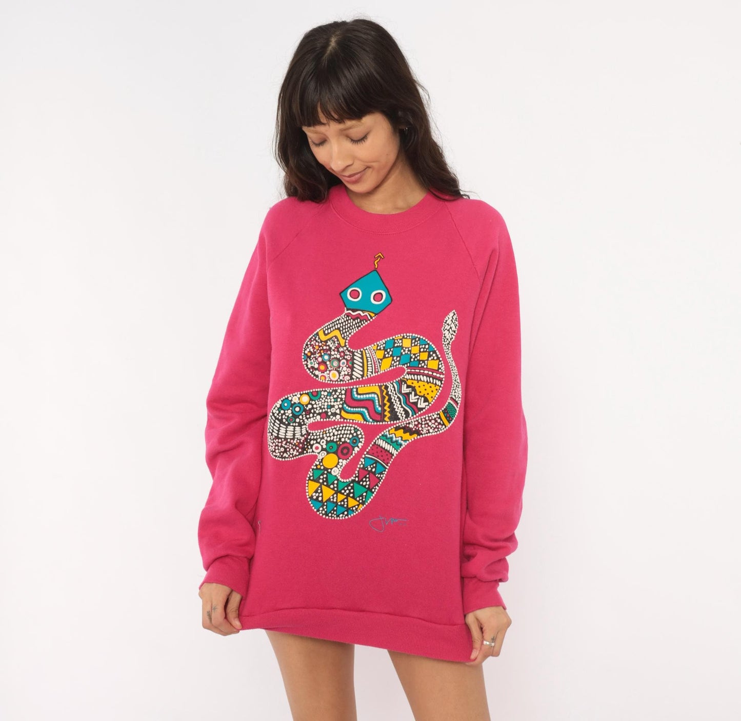 90s National Screenprint Snake Tribal Sweatshirt Hot Pink Raglan Large