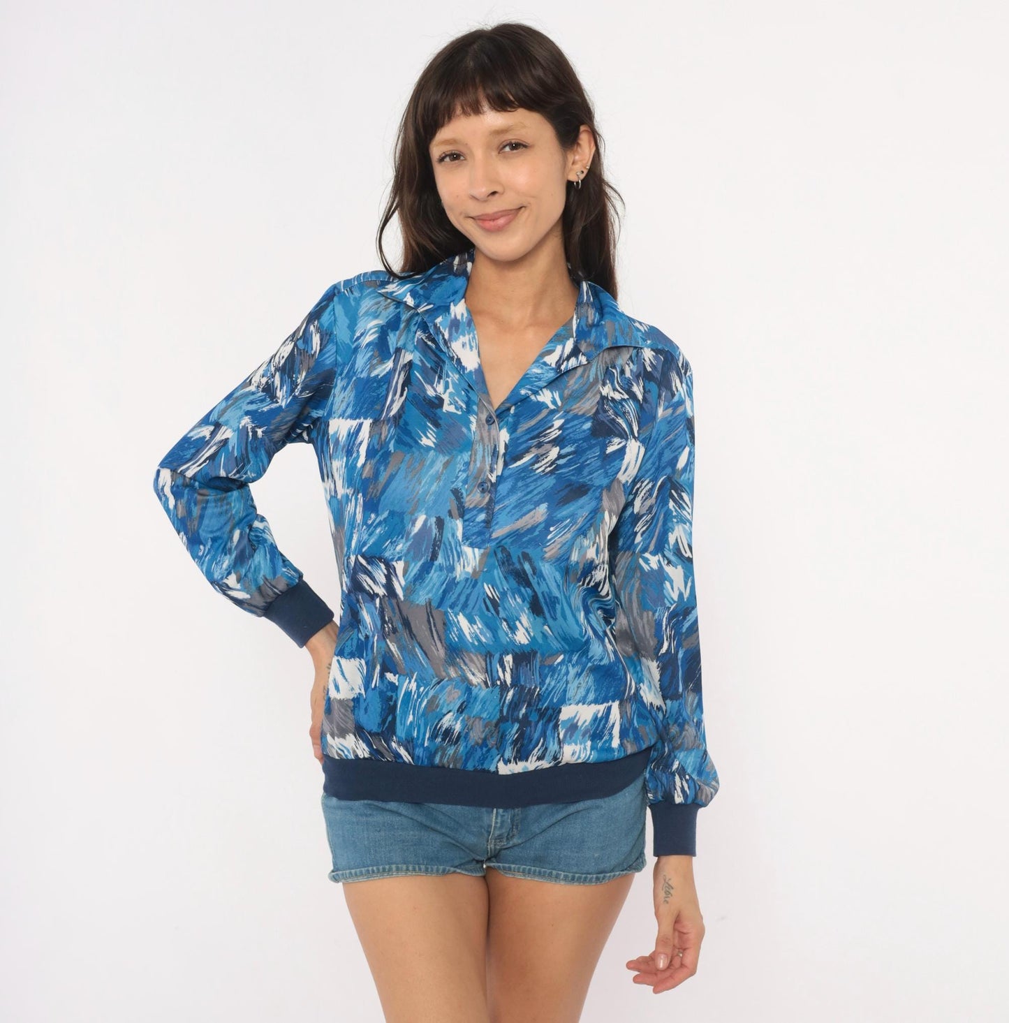 70s Abstract Brushstroke Blouse Cobalt Navy Grey Collared V-Neck Medium