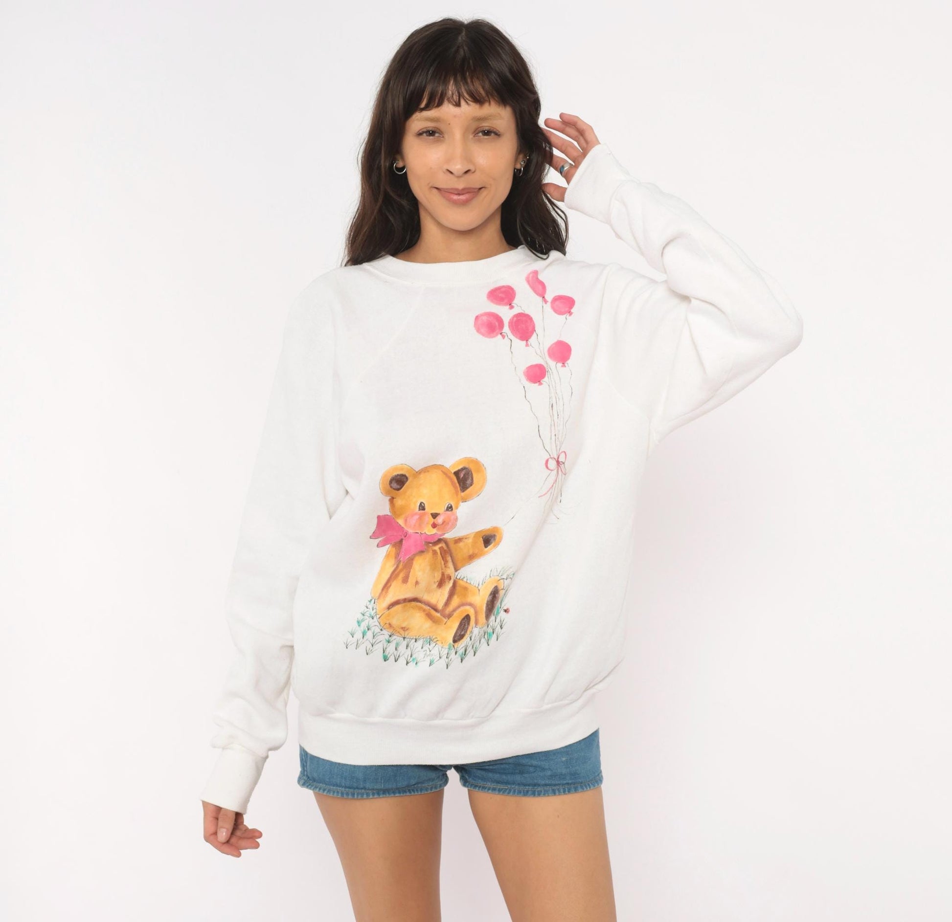 90s Hand-Painted Teddy Bear Sweatshirt White Pink Balloons Raglan Extra Large XL