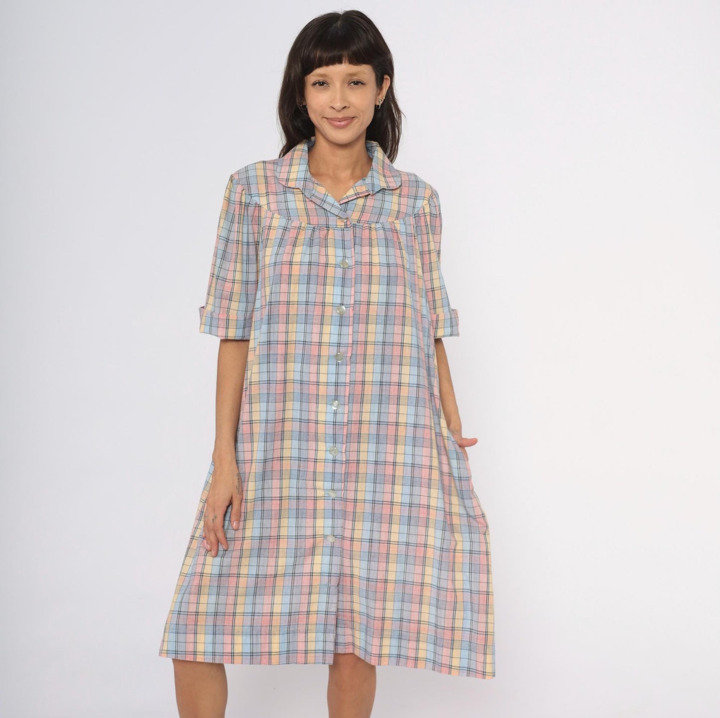 80s Pastel Plaid Cotton Shirt Dress Knee-Length Collared Housecoat Large