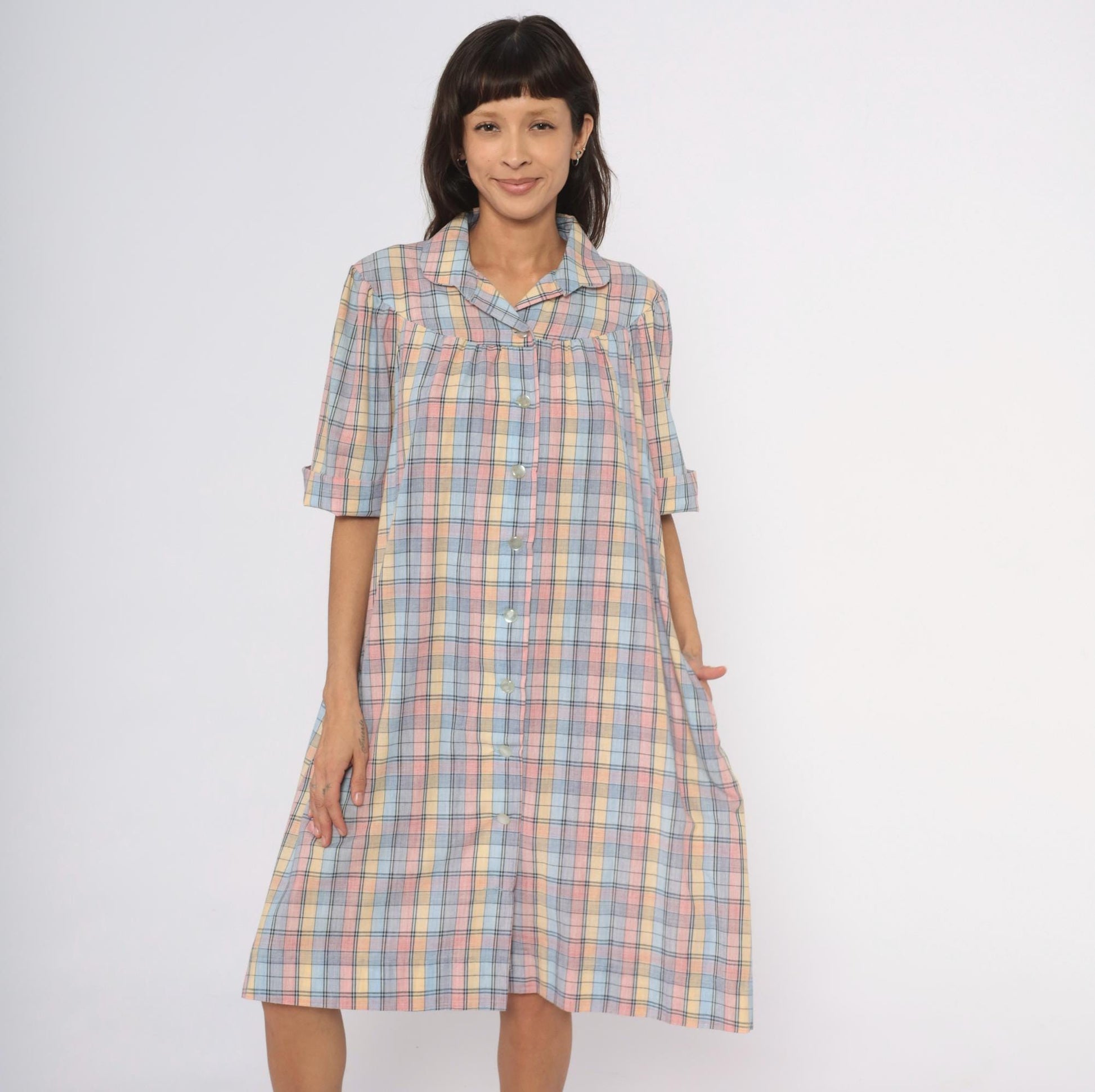 80s Pastel Plaid Cotton Shirt Dress Knee-Length Collared Housecoat Large