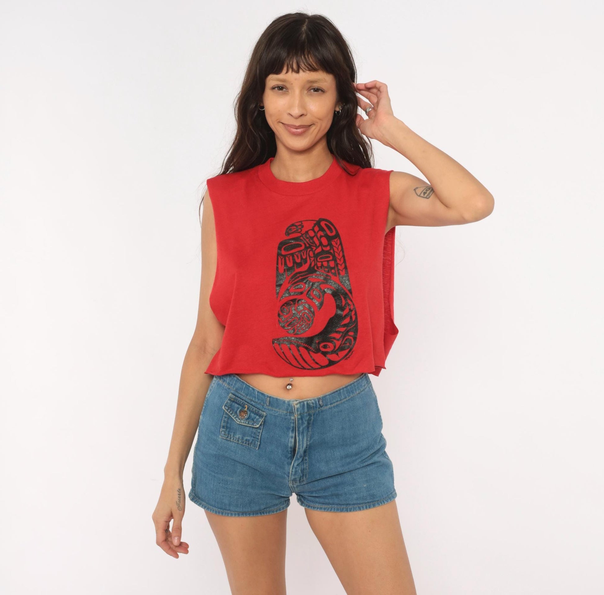 80s Healthknit Red Crop Tank Tribal Totem Print Black Sleeveless Small