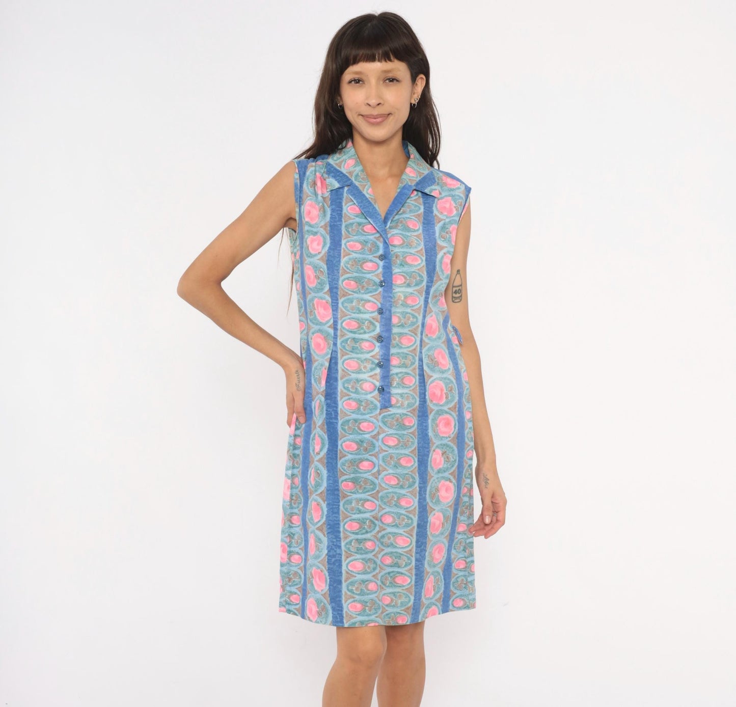 80s Floral Medallion Shirtdress Blue Pink Striped Cotton Sleeveless Medium