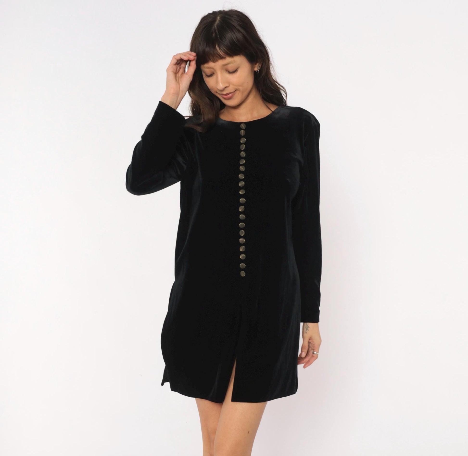 90s Hillard & Hanson Black Velvet Mini Dress Brass Buttons Long Sleeve Large