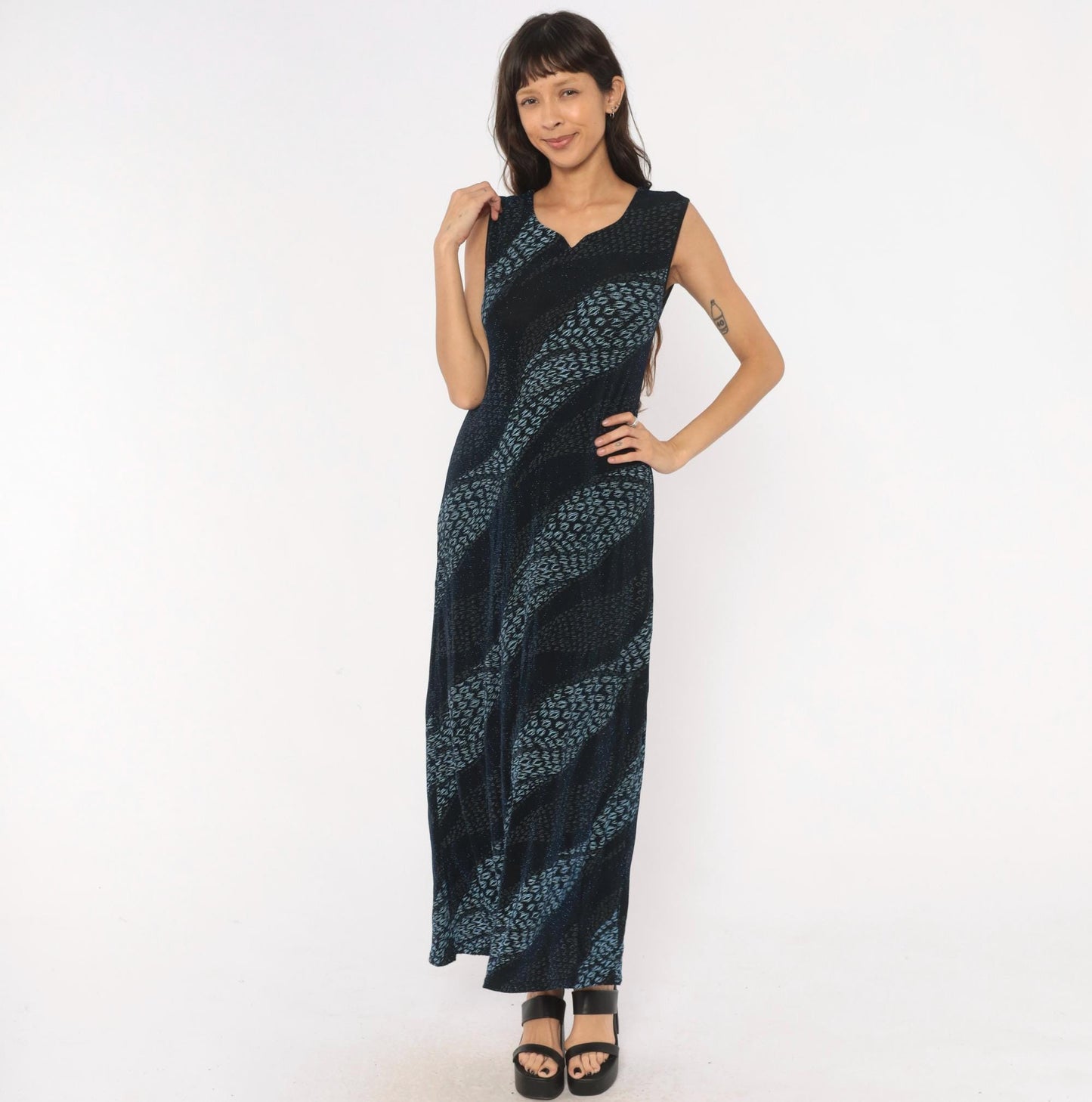 90s Black Blue Leopard Stripe Maxi Dress Sleeveless V Neck Extra Large XL