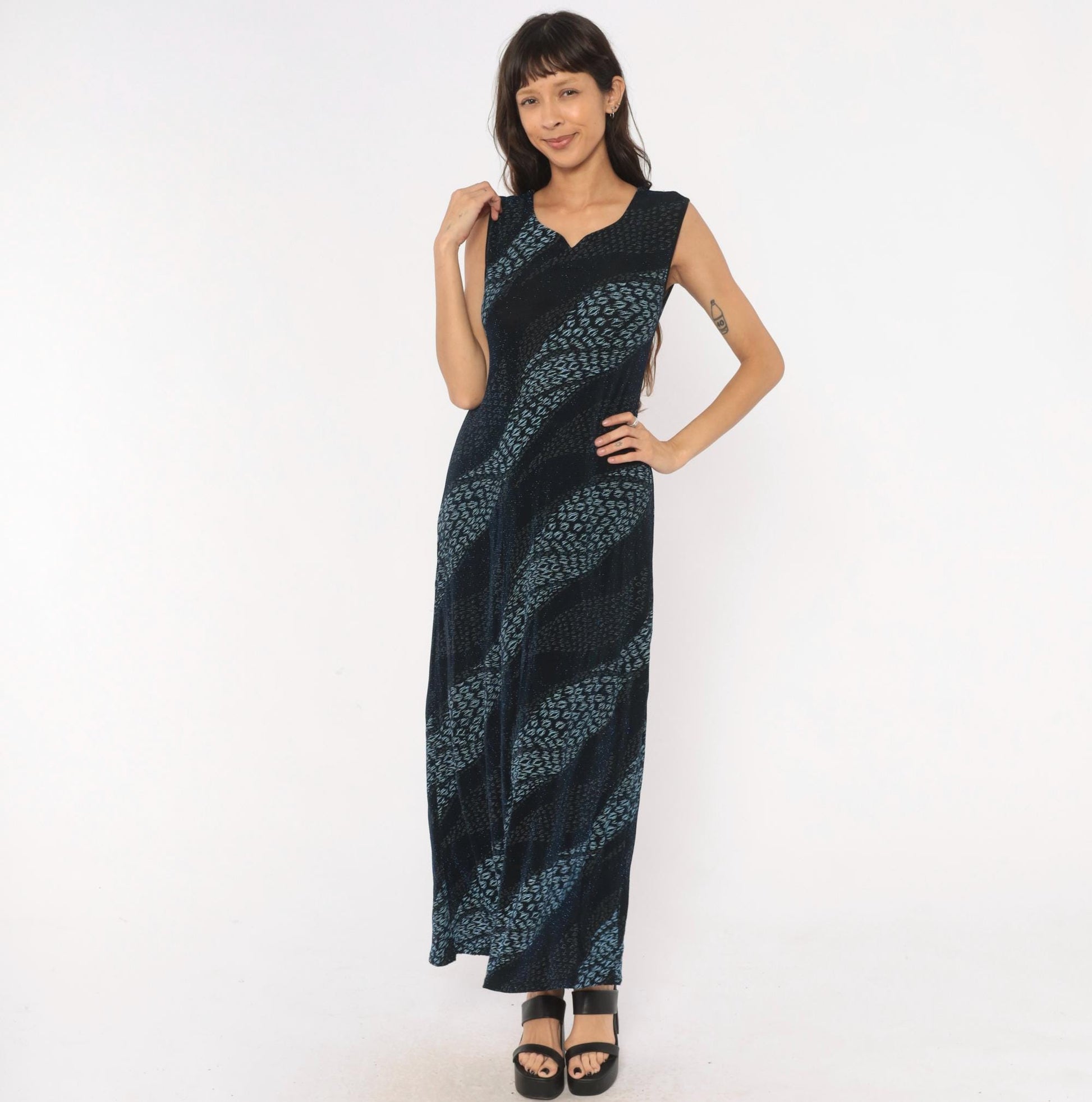 90s Black Blue Leopard Stripe Maxi Dress Sleeveless V Neck Extra Large XL