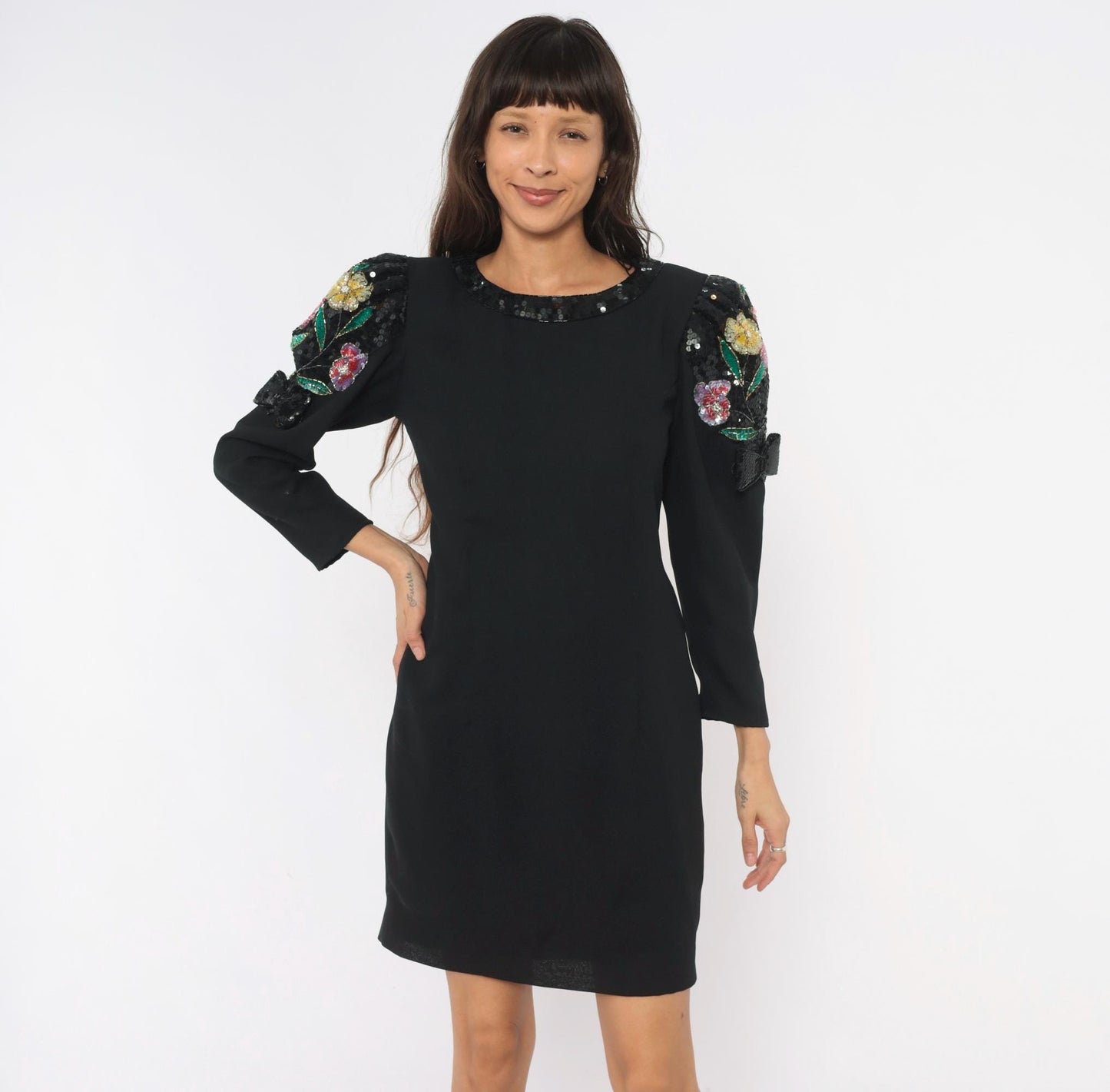 90s Jack Bryan Black Sequin Floral Shift Dress Puff Sleeve Small Medium
