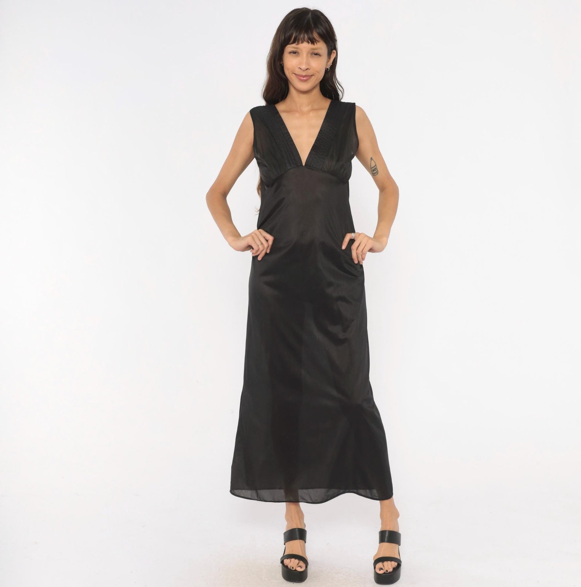 90s Black Sheer Maxi Slip Dress Deep V Neck Empire Waist Medium