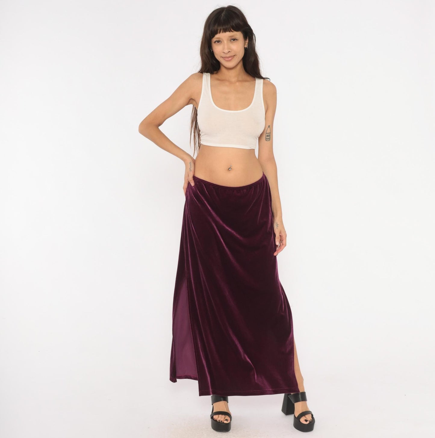 2000s Exact Change Plum Velvet Maxi Skirt A-Line Ankle Slit Extra Large XL
