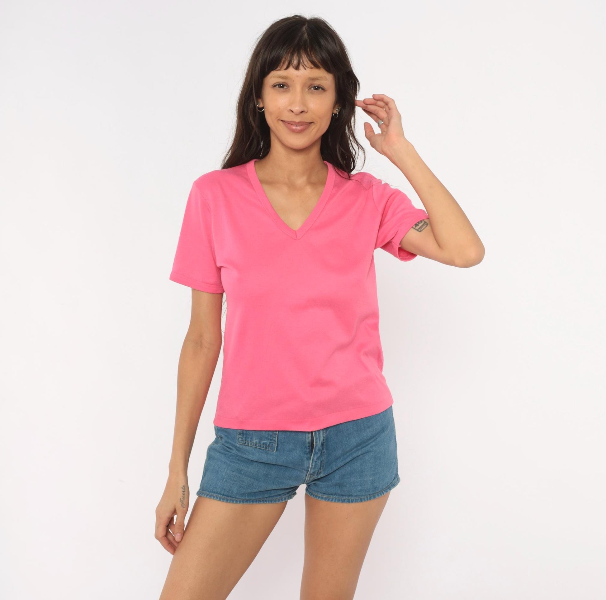 80s Hot Pink V-Neck Tee Short Sleeve Cotton Blend Fuchsia Pullover Large L
