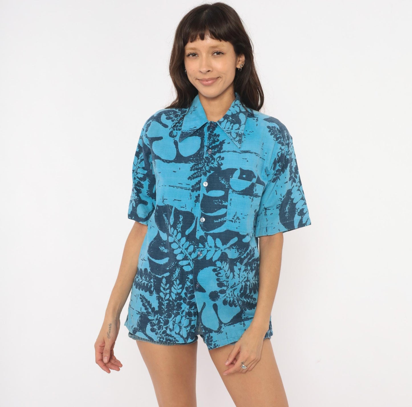80s Alohawaii Hawaiian Shirt Blue Botanical Fern Cotton Camp Collar Medium