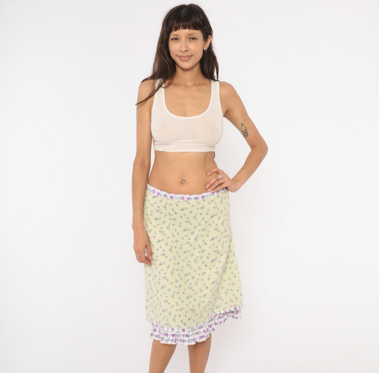 2000s Snak Floral A-Line Skirt Pale Green Purple Rose Print Knee-Length Medium M