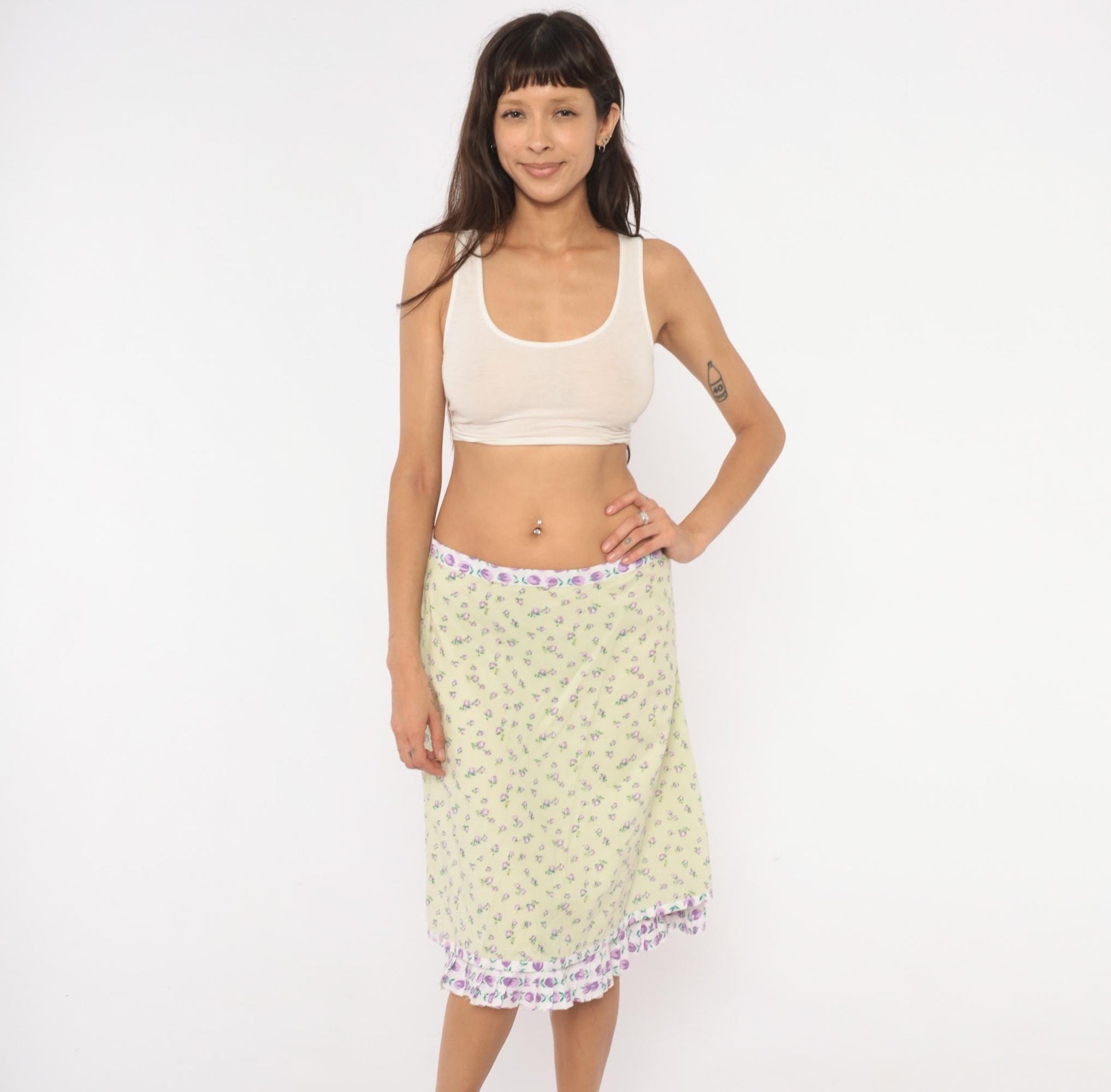 2000s Snak Floral A-Line Skirt Pale Green Purple Rose Print Knee-Length Medium M