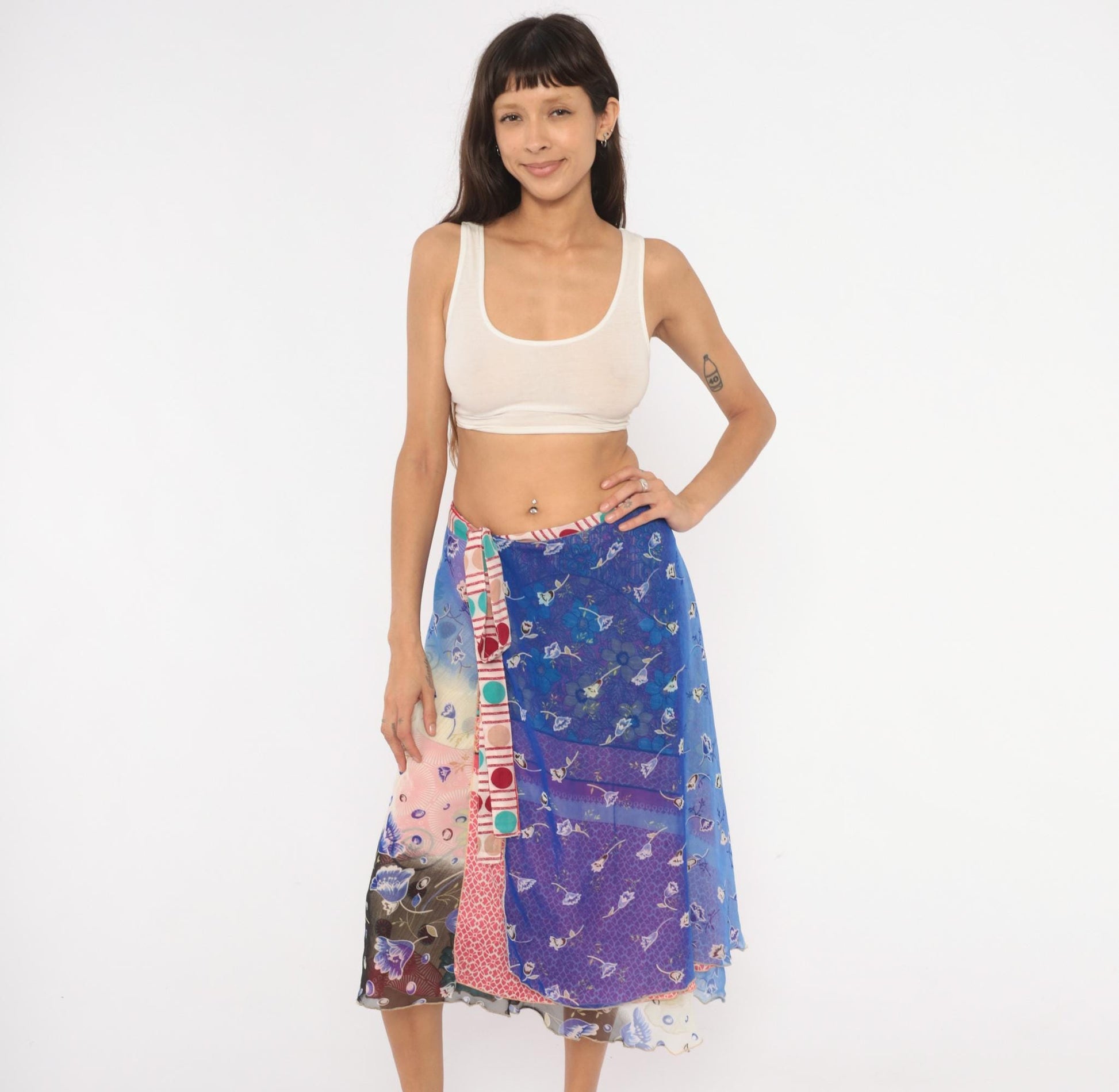Y2K Kariza Reversible Wrap Midi Skirt Floral Patchwork Blue Pink Medium Large