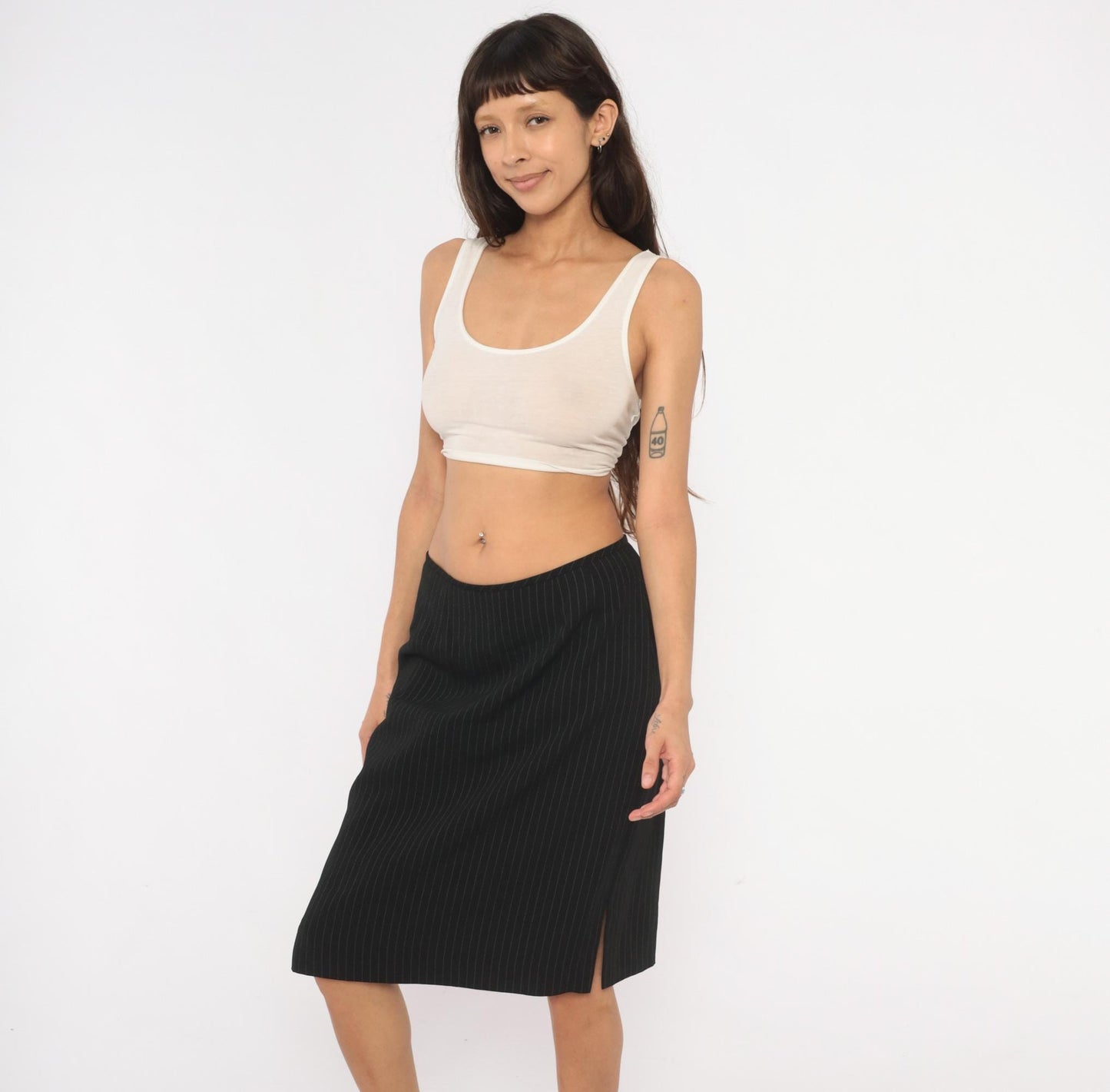 2000s Black Pinstripe A-Line Skirt White Stripe Knee-Length Medium M
