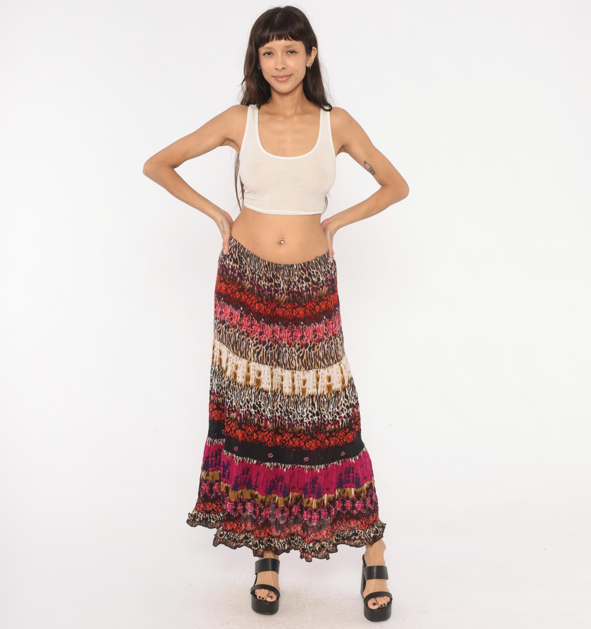 90s Forbidden Animal Print Maxi Skirt Pink Leopard Tiered XL