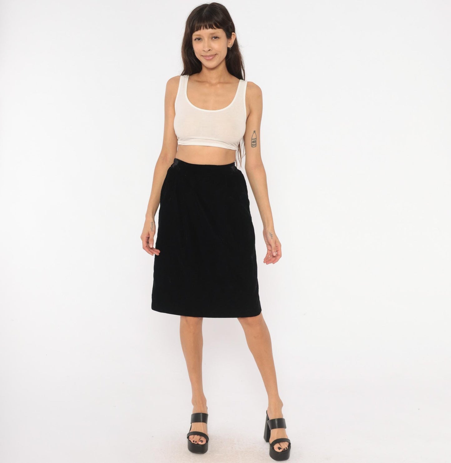 90s TanJay Black Velvet Pencil Skirt Knee-Length Small S