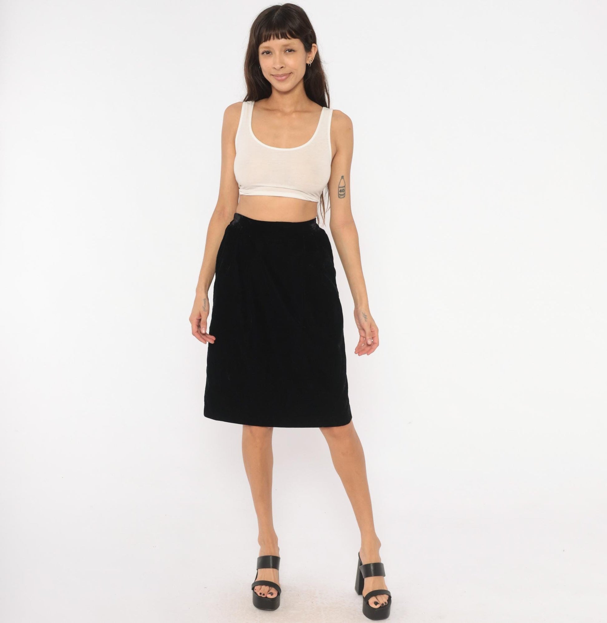 90s TanJay Black Velvet Pencil Skirt Knee-Length Small S