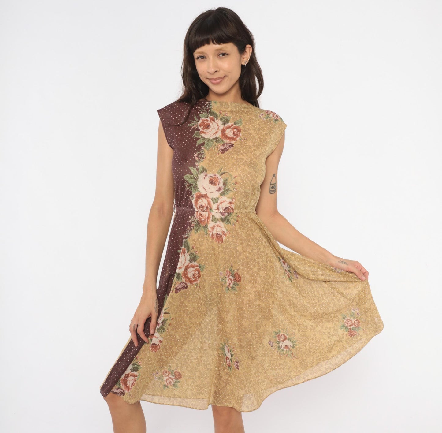 80s Melissa Petites Floral Polka Dot Dress Tan Burgundy Cap Sleeve Small