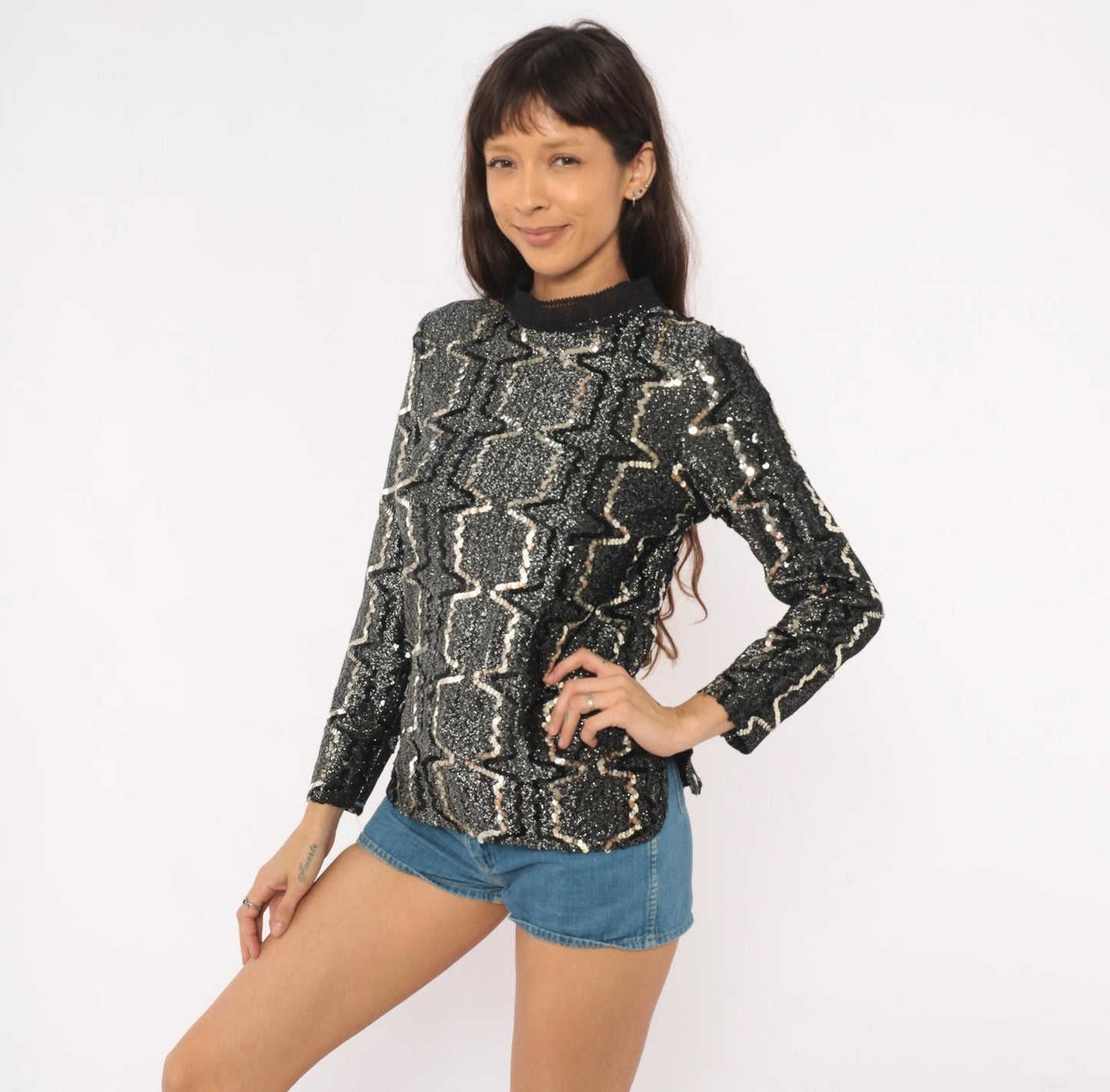 90s Elinor Gay Black Silver Sequin Blouse Geometric Zigzag Long Sleeve Medium
