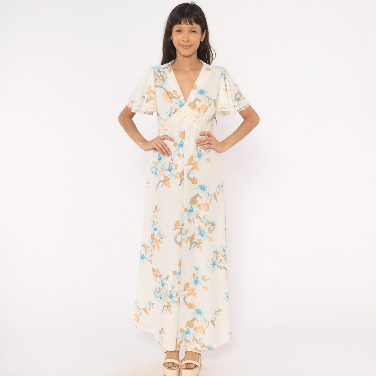 70s Floral Maxi Dress Crochet Lace V-Neck Puff Sleeve Ivory Blue Peach Large