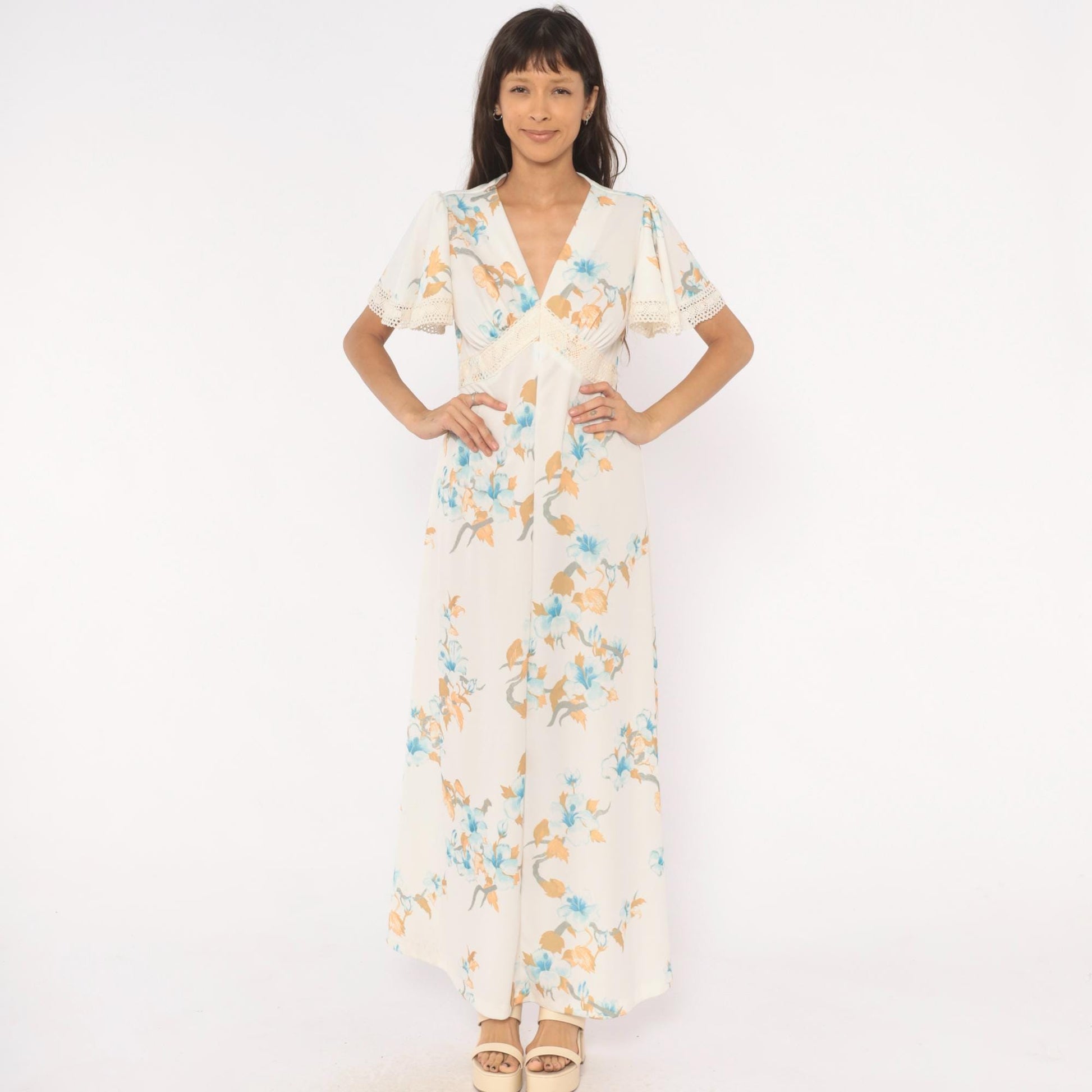 70s Floral Maxi Dress Crochet Lace V-Neck Puff Sleeve Ivory Blue Peach Large