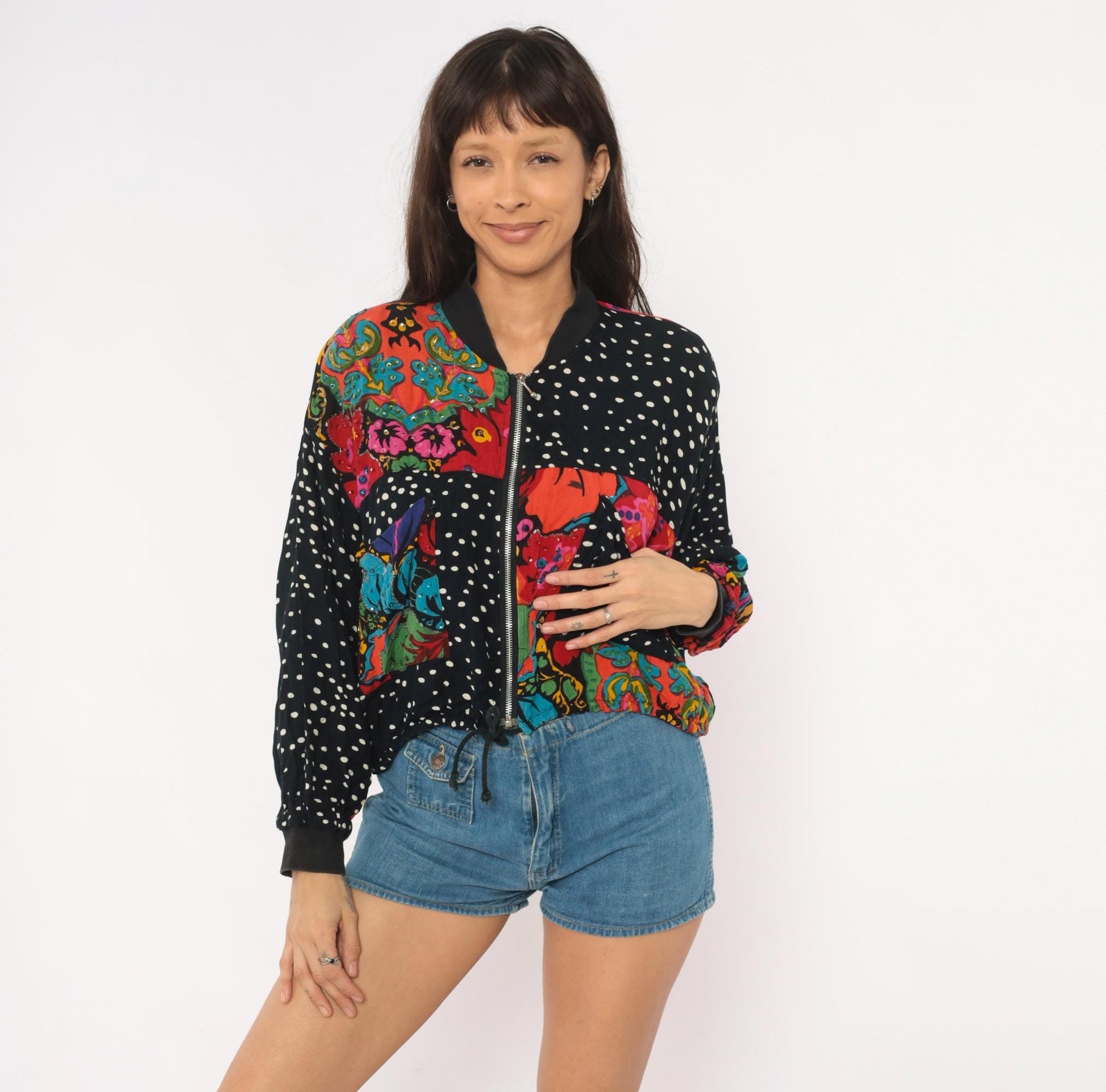 90s Tarazzia Patchwork Bomber Jacket Sequin Polka Dot Floral Small