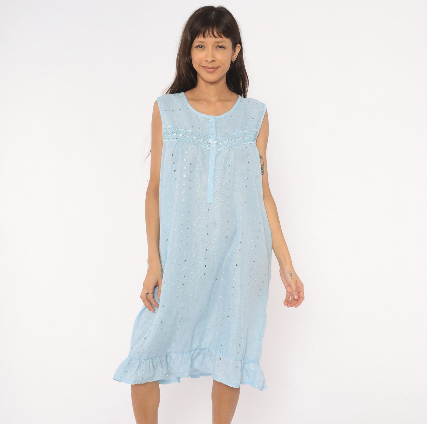 80s Lali Fashion Sky Blue Eyelet Nightgown Babydoll Sleeveless Large L