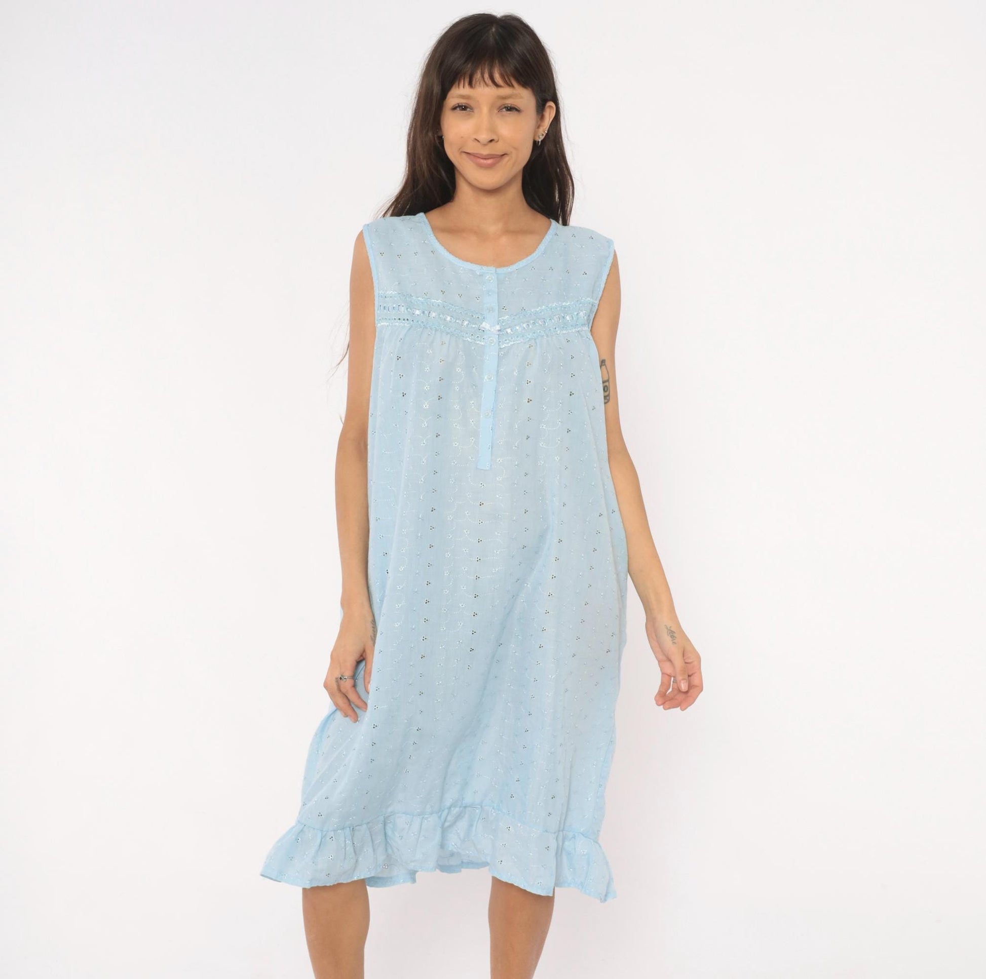 80s Lali Fashion Sky Blue Eyelet Nightgown Babydoll Sleeveless Large L
