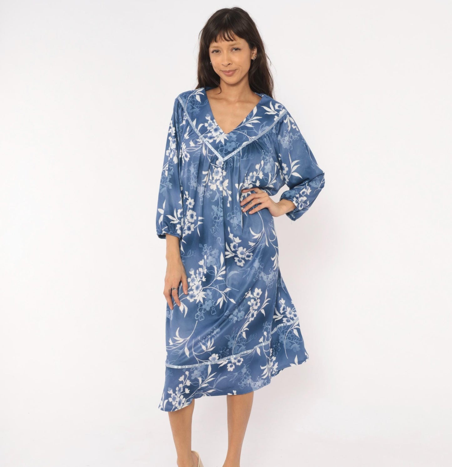 90s Blue White Floral Nightgown Lace Trim Mid-Calf Botanical Gown Medium XL