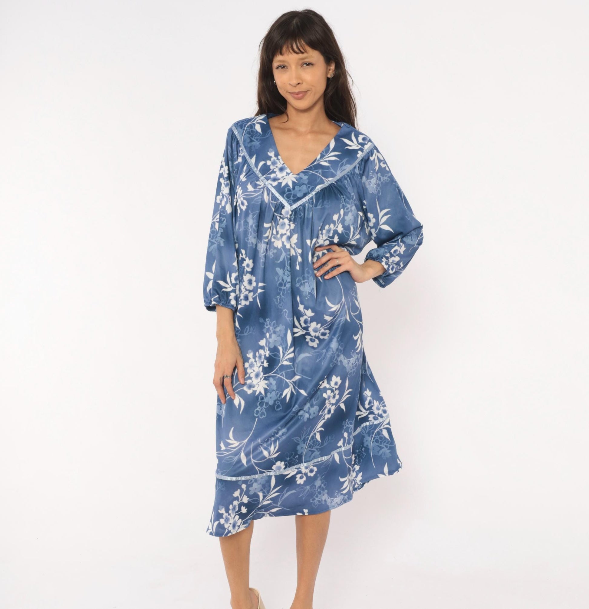 90s Blue White Floral Nightgown Lace Trim Mid-Calf Botanical Gown Medium XL