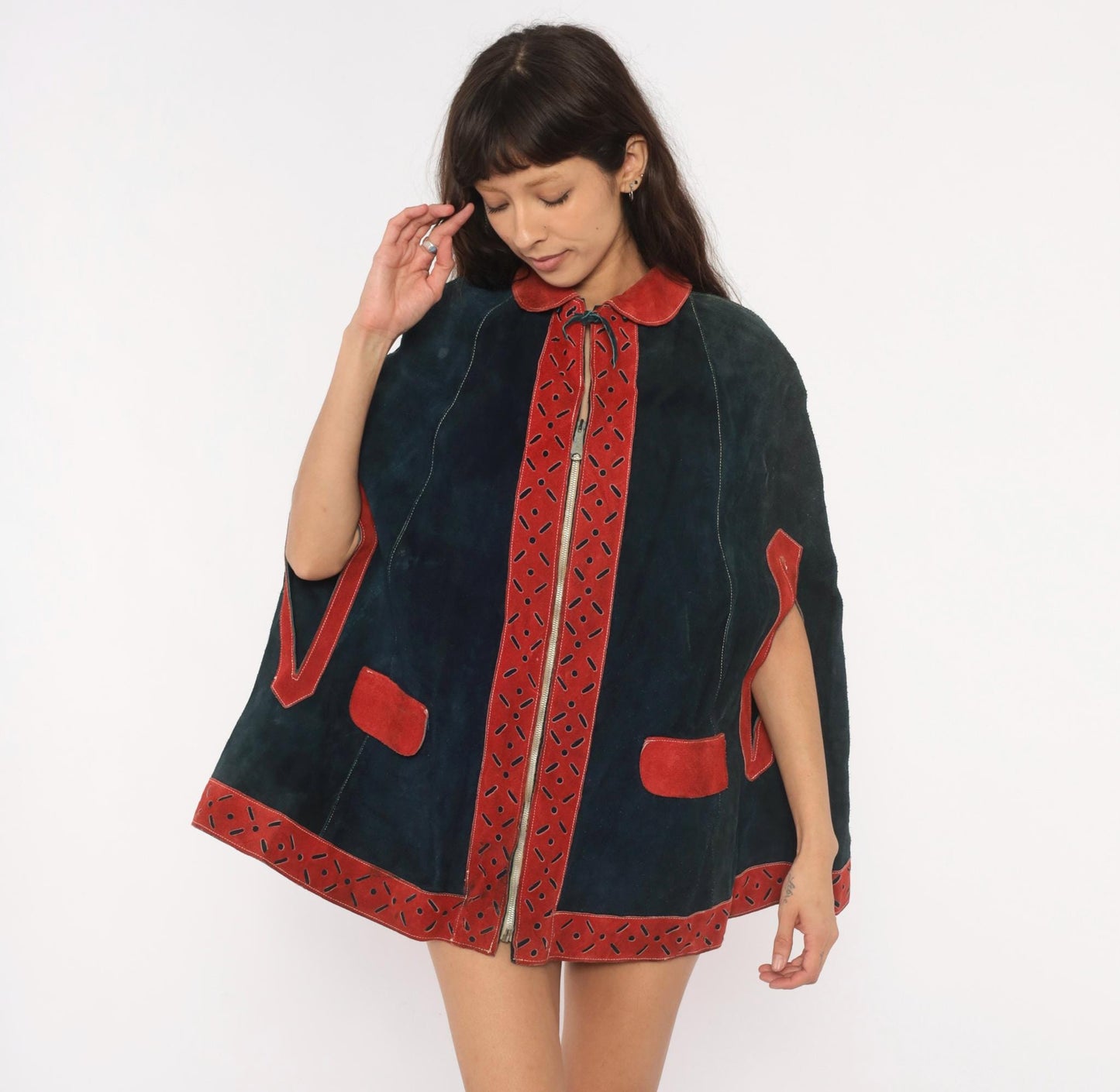 1970s Navy Suede Cape Red Leather Trim Peter Pan Collar Mod Poncho Small