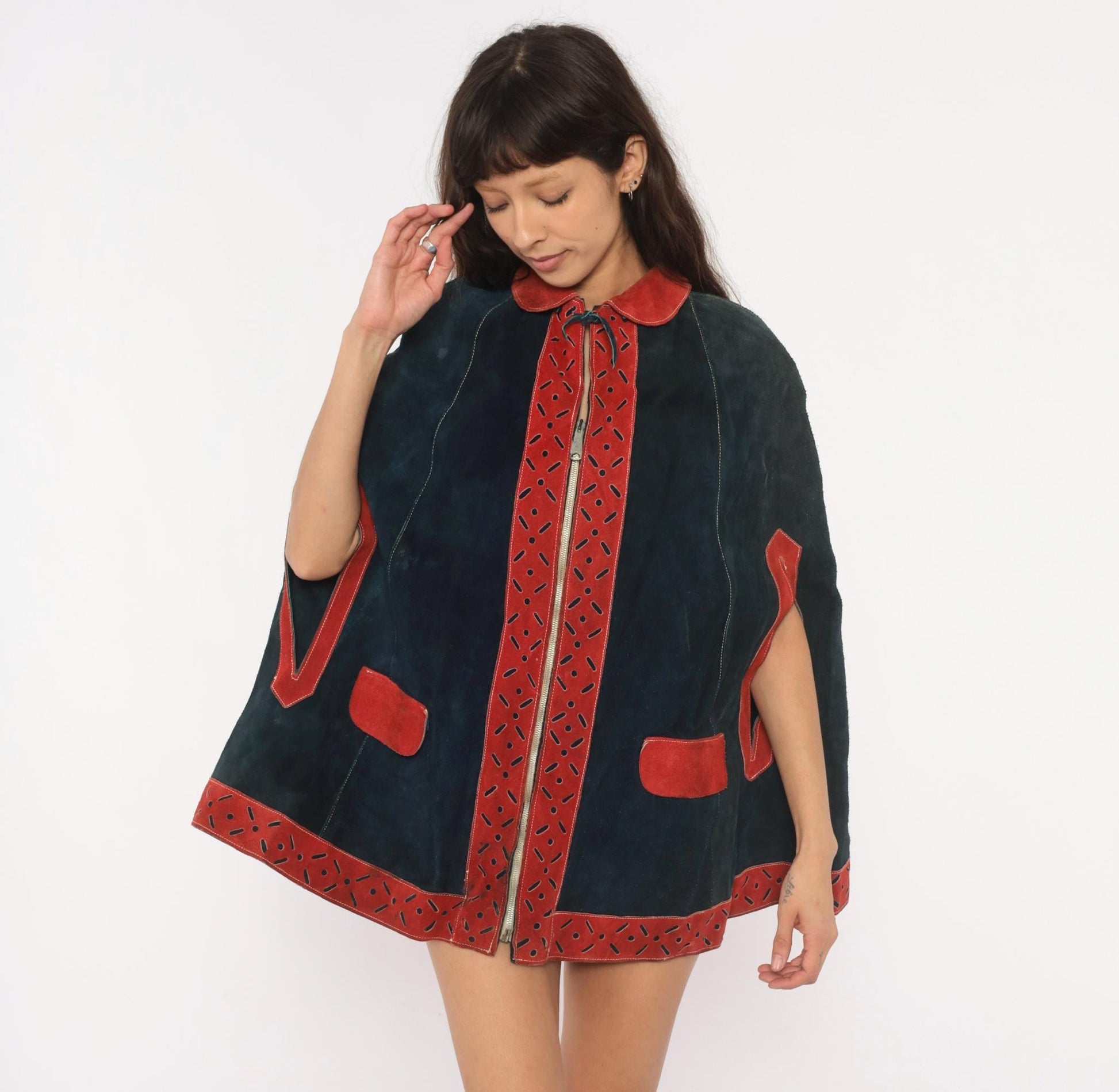 1970s Navy Suede Cape Red Leather Trim Peter Pan Collar Mod Poncho Small
