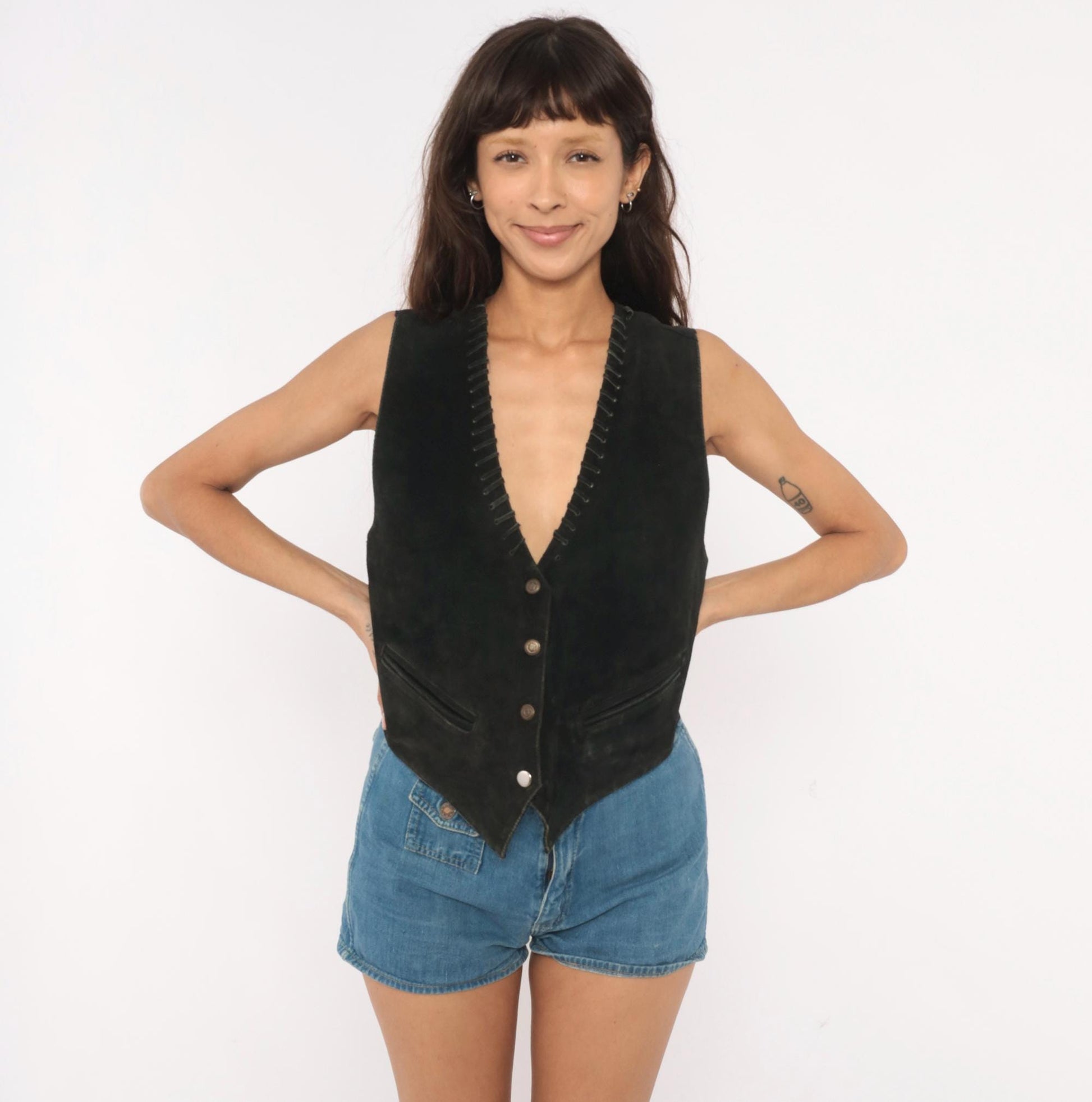 90s Black Suede Vest Whipstitch Snap Front Western Small S