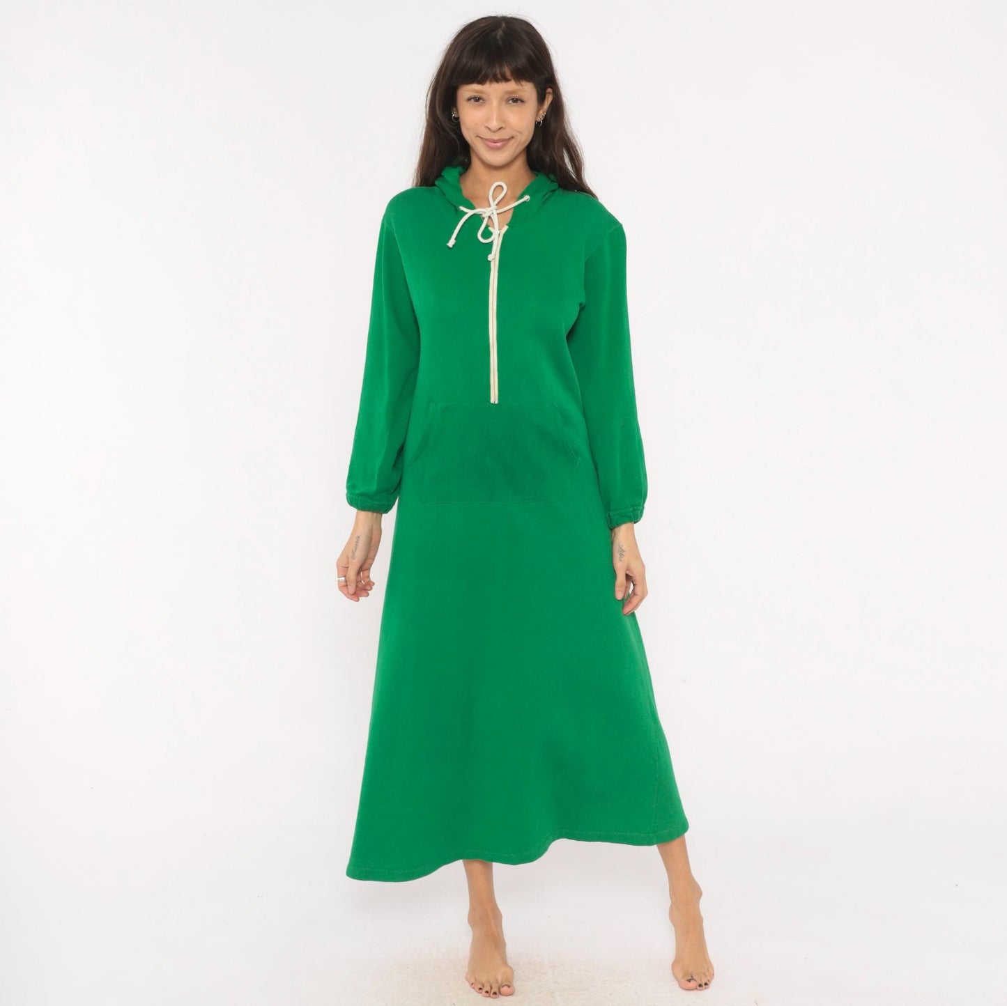 80s Sportwear Emerald Green Hooded Maxi Dress Half-Zip Balloon Sleeve Medium