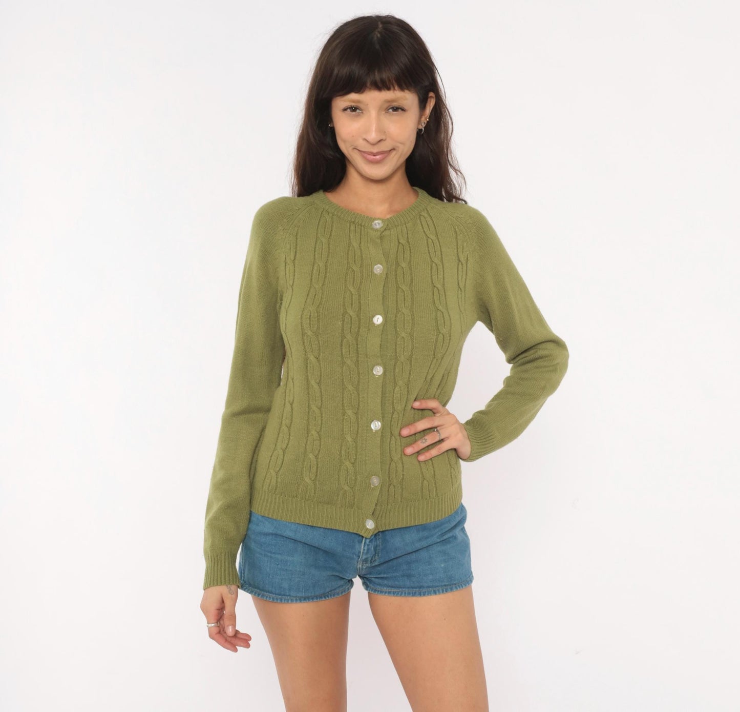 80s Olive Cable Knit Cardigan Crew Neck Button Front Raglan Sleeve Extra Small
