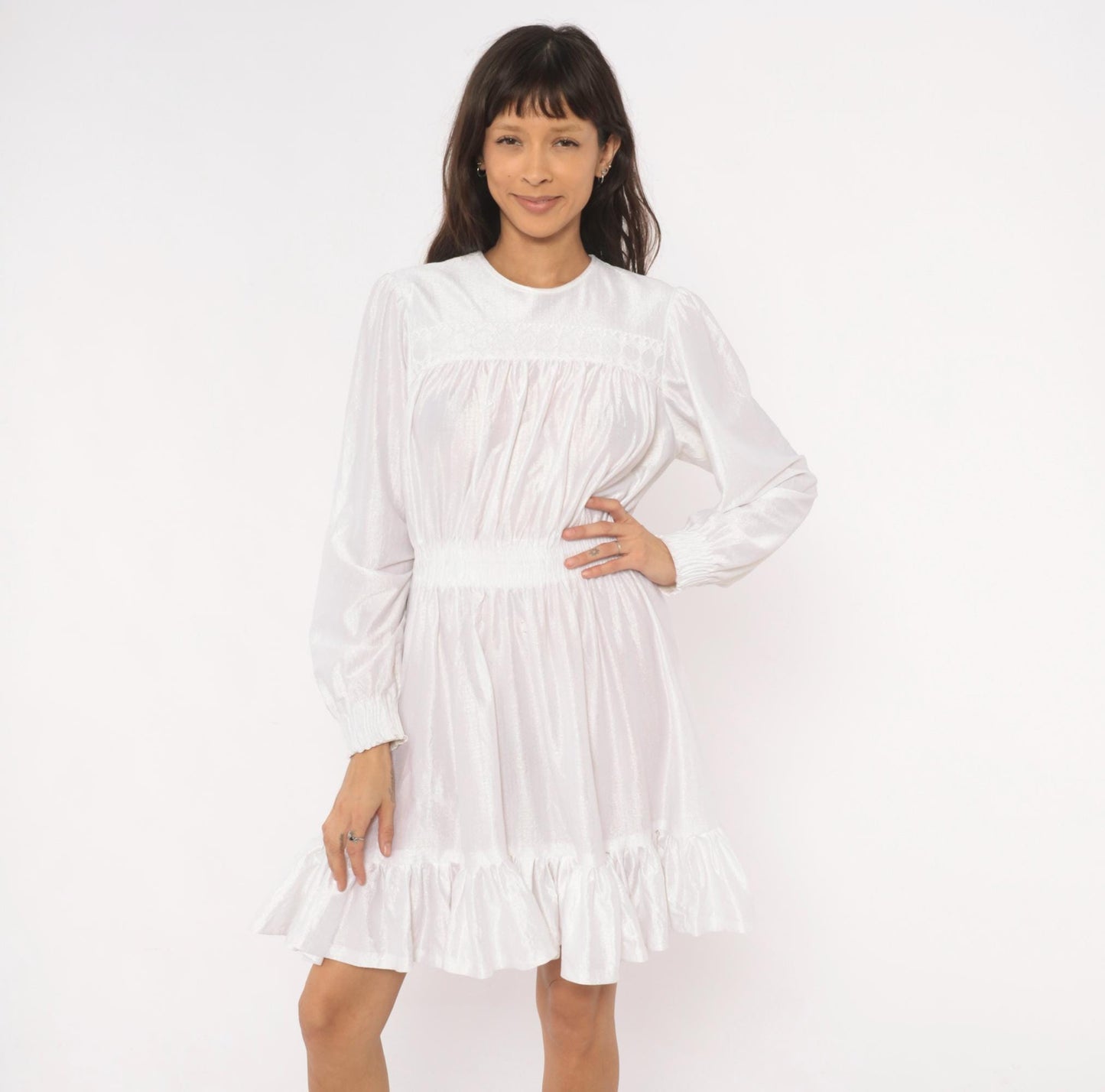 80s White Iridescent Babydoll Dress Puff Sleeve Lace Yoke Mini Medium Large