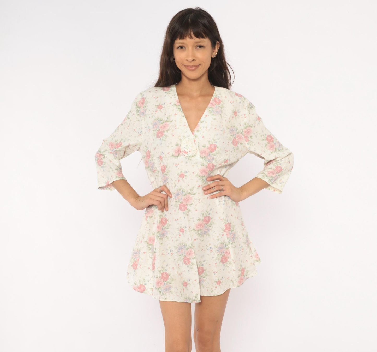 90s Eber Rose Floral Mini Dress Cream V-Neck Rosette Large L