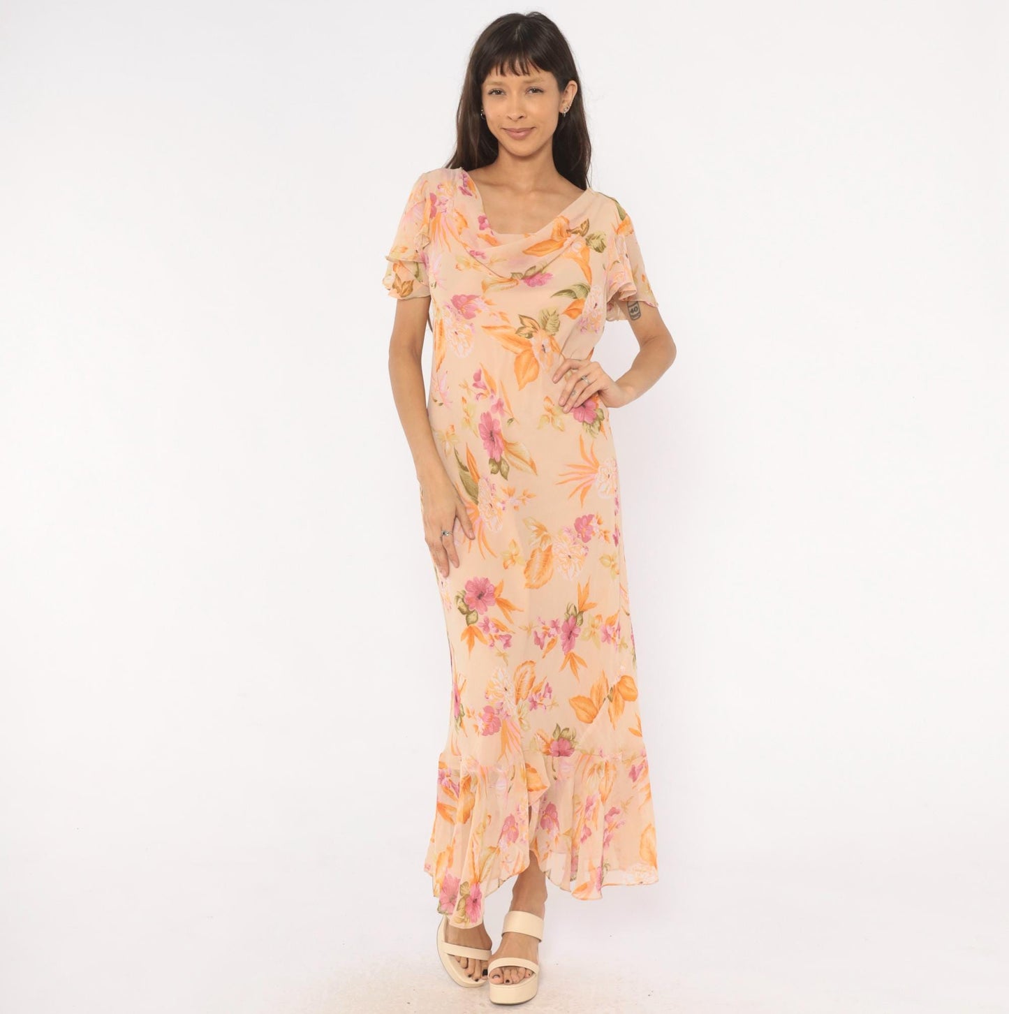80s Jessica Taylor Peach Floral Maxi Dress Flutter Sleeve Cowl Neck Large L