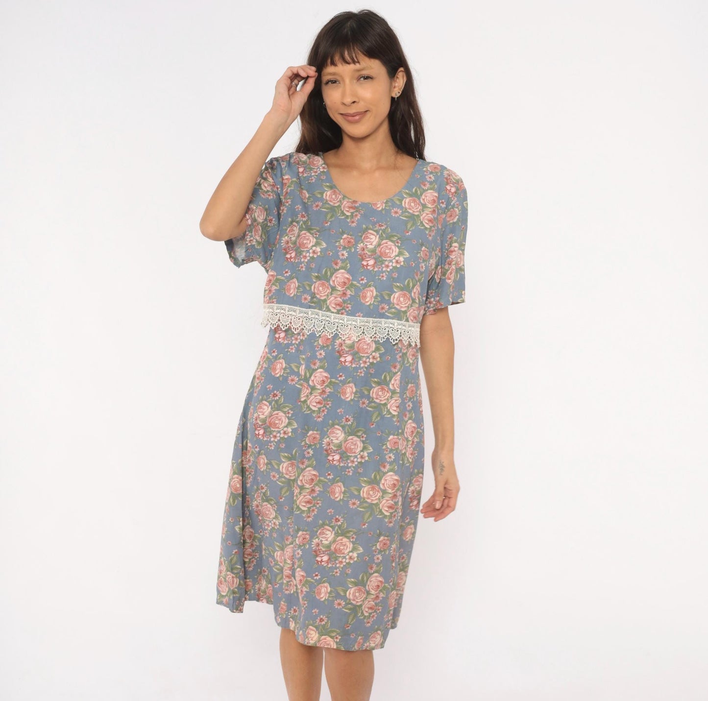90s Ms. Basia California Floral Dress Dusty Blue Rose Print Flutter Sleeve Large L