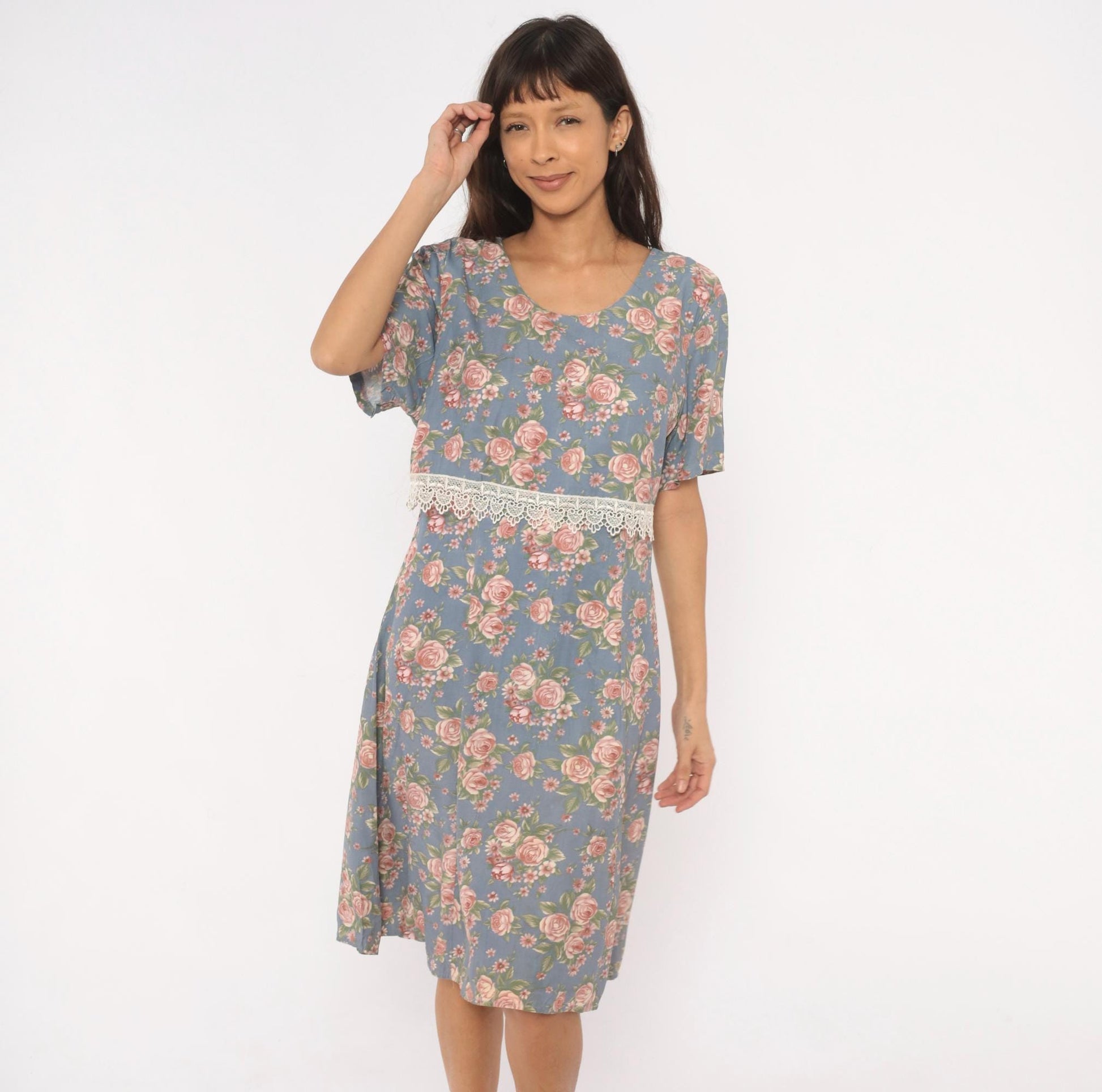 90s Ms. Basia California Floral Dress Dusty Blue Rose Print Flutter Sleeve Large L