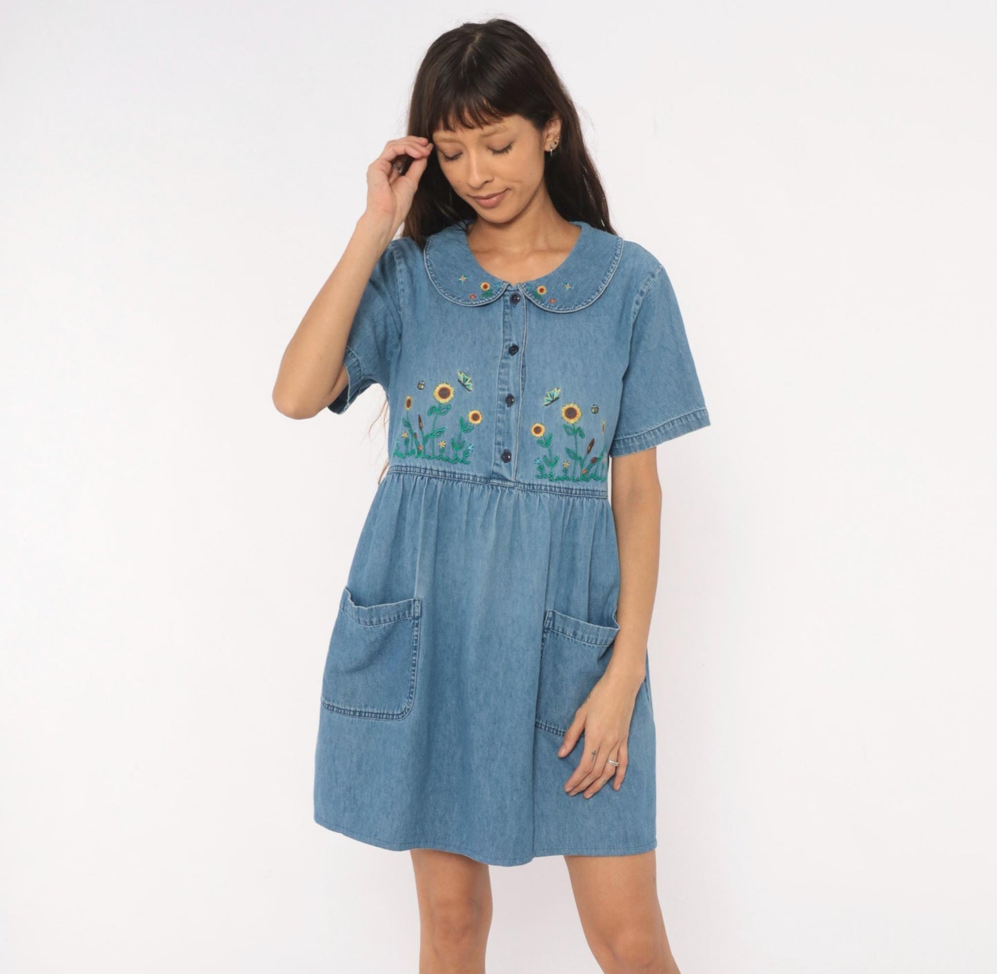 90s Bobbie Brooks Denim Babydoll Dress Sunflower Embroidered Peter Pan Collar Large L