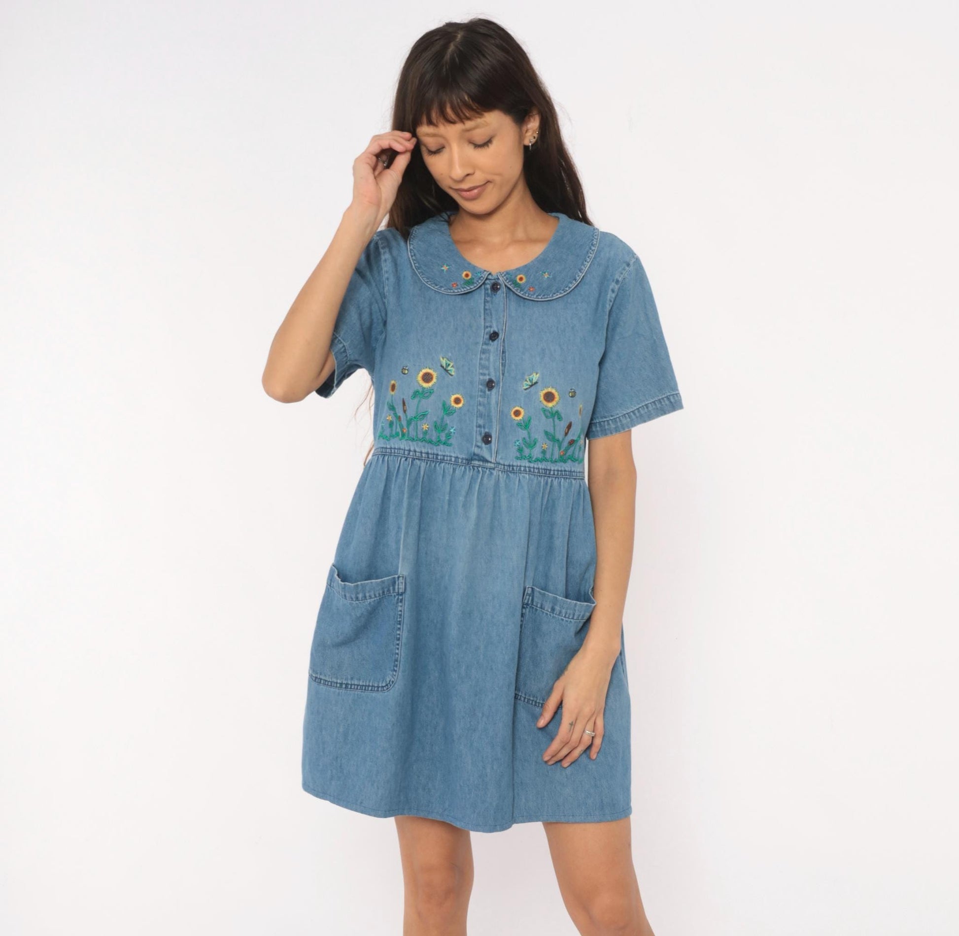 90s Bobbie Brooks Denim Babydoll Dress Sunflower Embroidered Peter Pan Collar Large L
