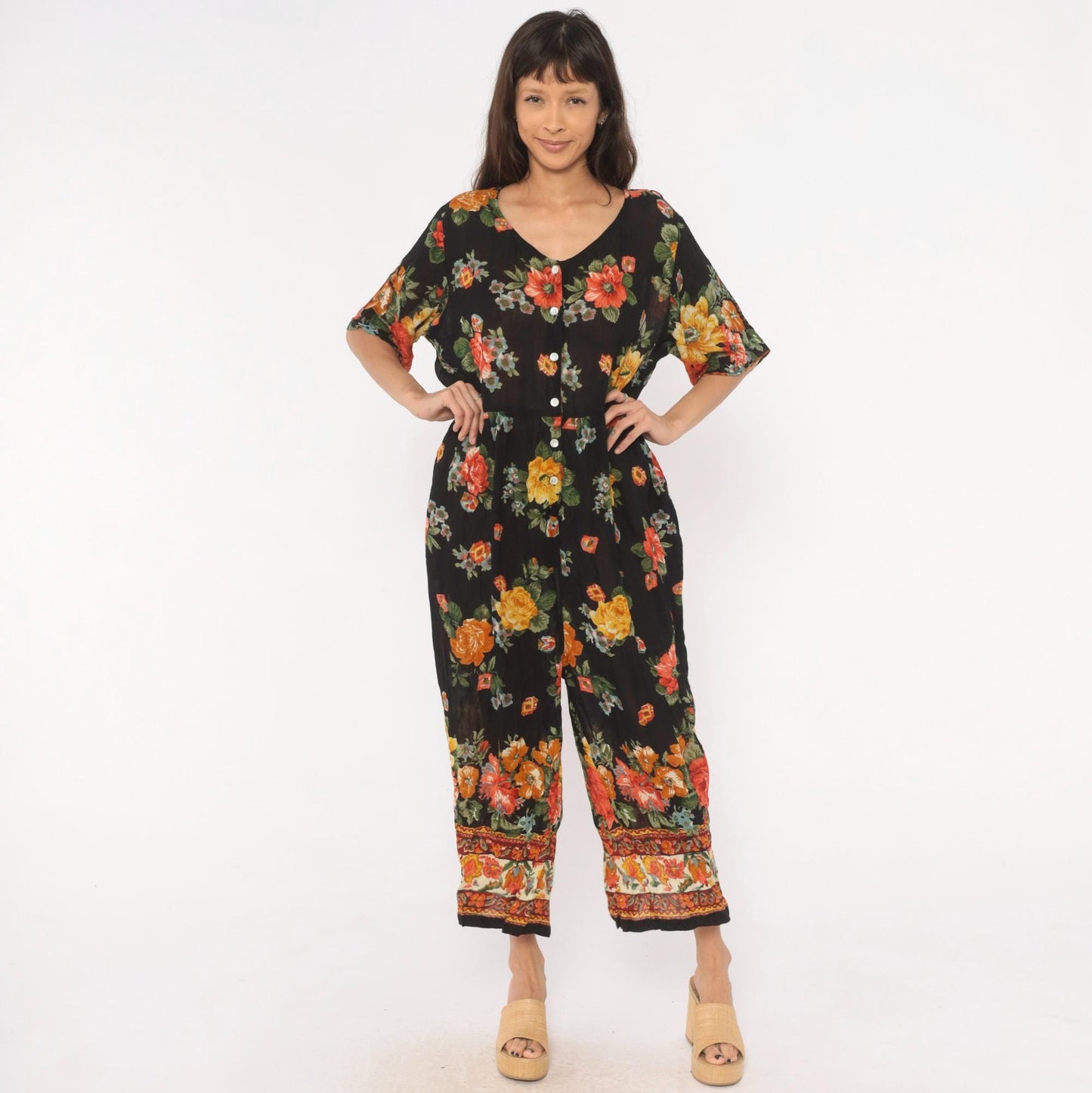 90s La Cera Floral Jumpsuit Black Rose Wide Leg V Neck Short Sleeve Extra Large XL
