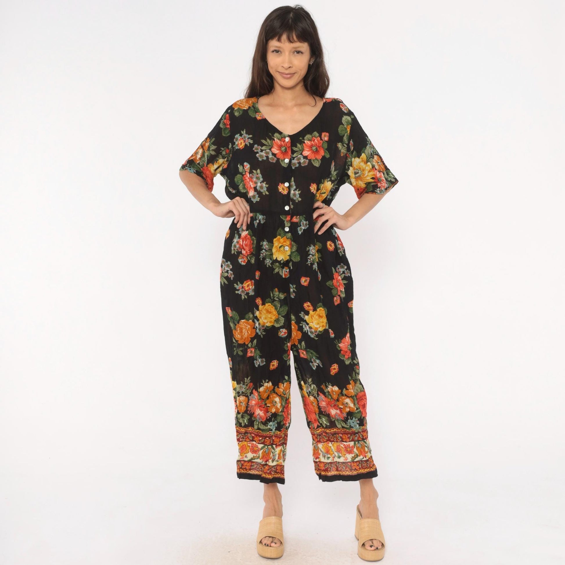 90s La Cera Floral Jumpsuit Black Rose Wide Leg V Neck Short Sleeve Extra Large XL