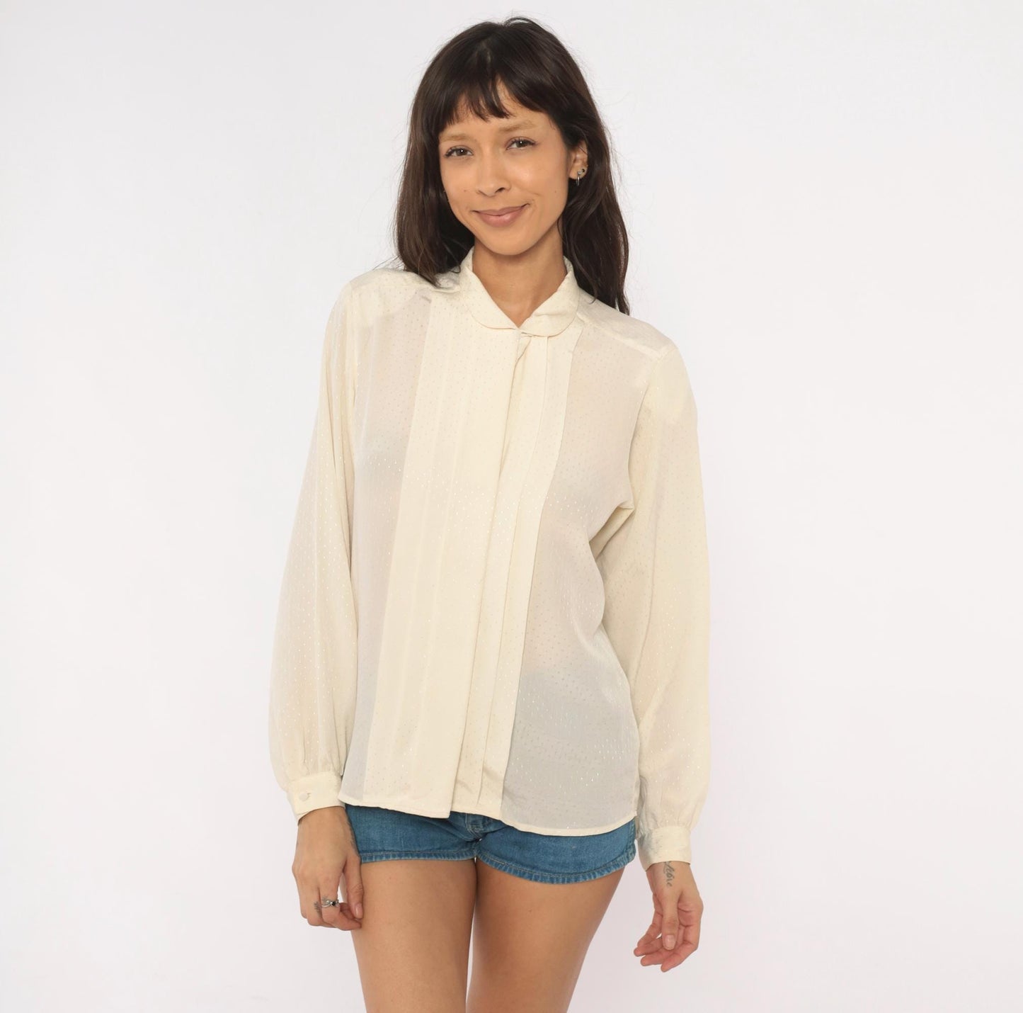80s Country Suburbans Cream Swiss Dot Blouse Peter Pan Collar Small