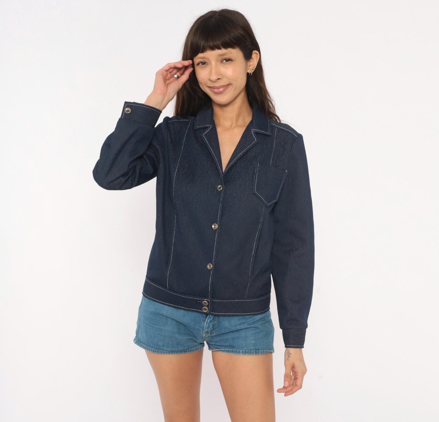 70s KokoKnits Denim Jacket Navy Snap Button Blazer Medium